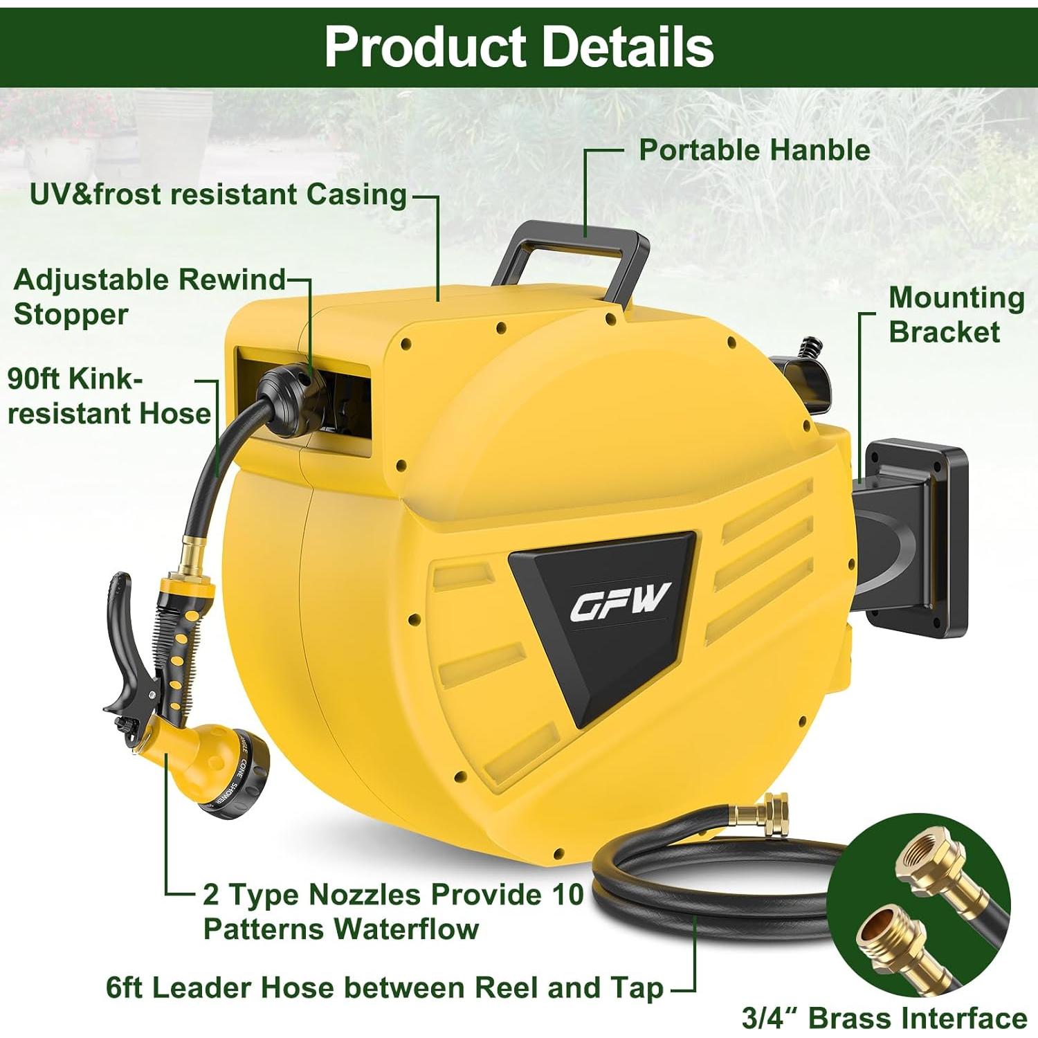Carrete de Manguera Retráctil GOFORWILD 27.43 m Amarillo