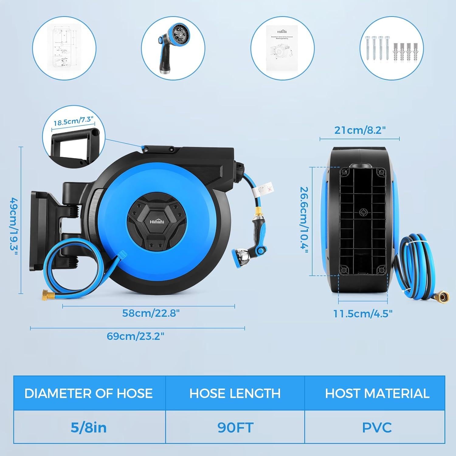 Carrete de Manguera de Jardín Retráctil Himimi 5/8" x 27.43m