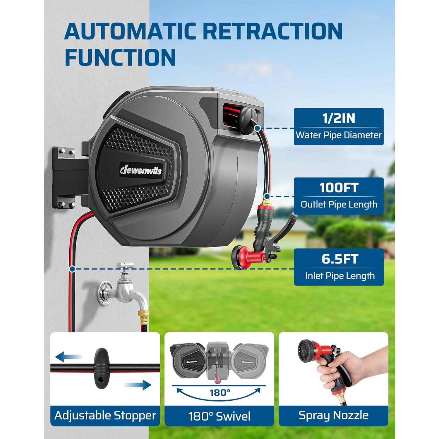 Carrete de Manguera DEWENWILS 30.48 m Retráctil Pared 8 Patrones