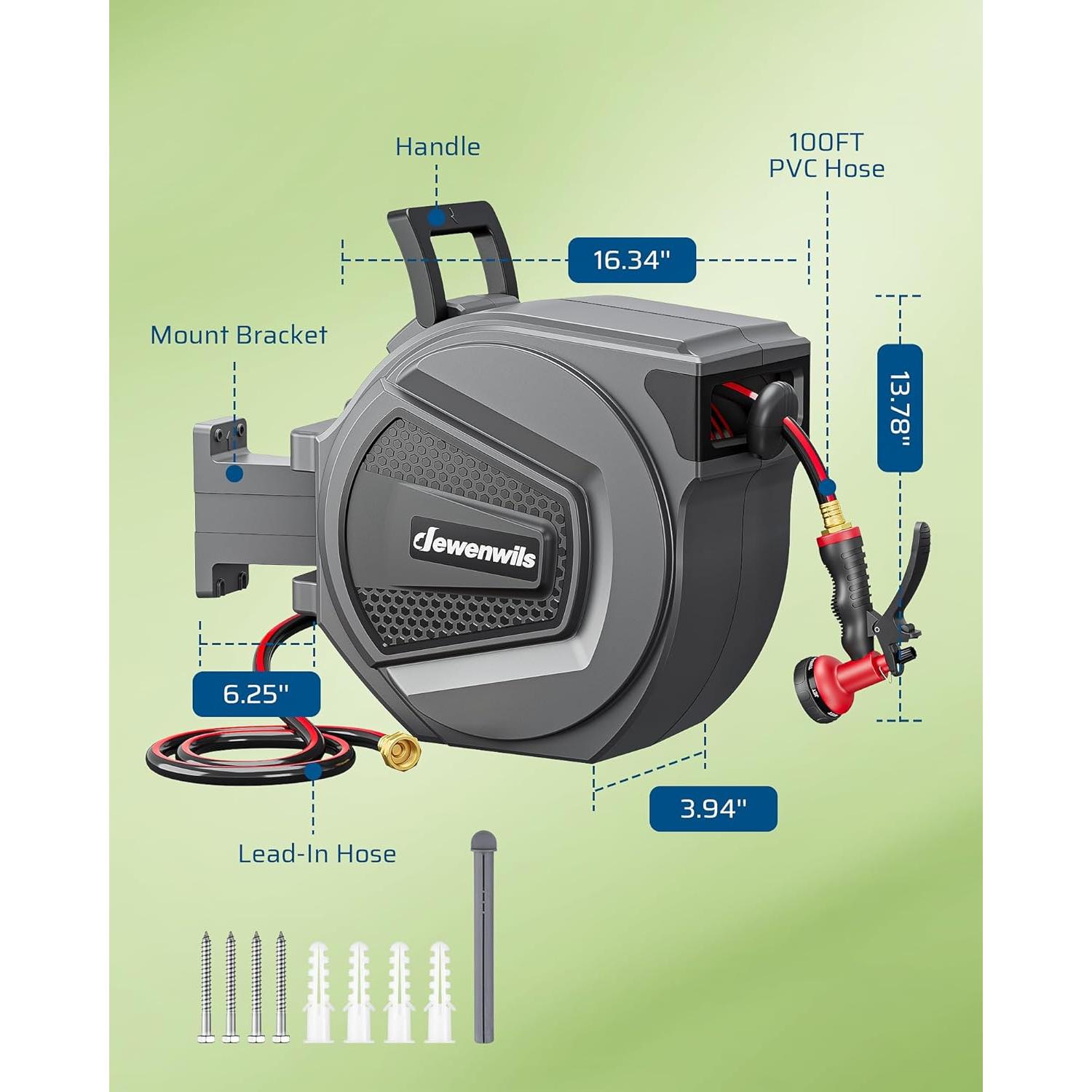 Carrete de Manguera DEWENWILS 30.48 m Retráctil Pared 8 Patrones