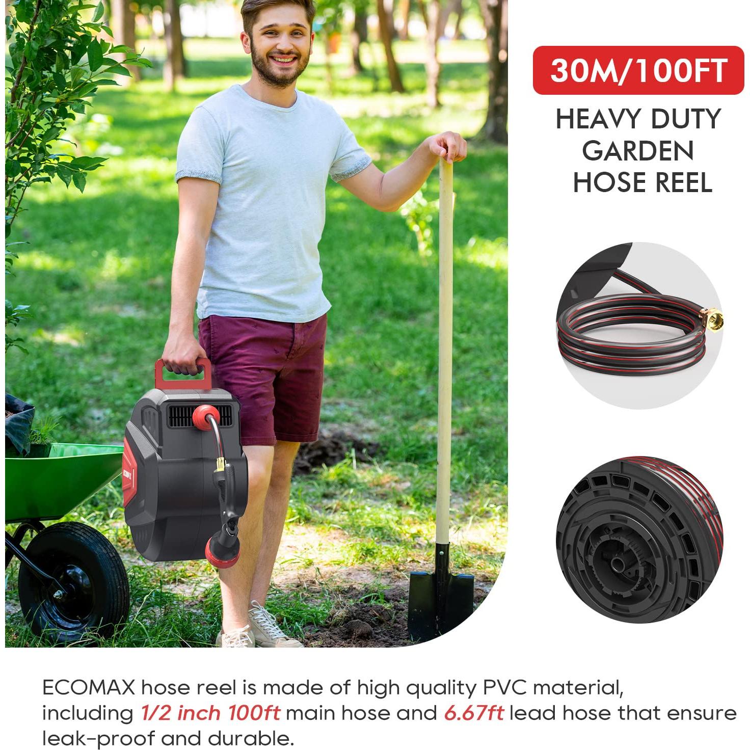 Carrete de Manguera de Jardín ECOMAX ELG01 30.48m con 9 Patrones