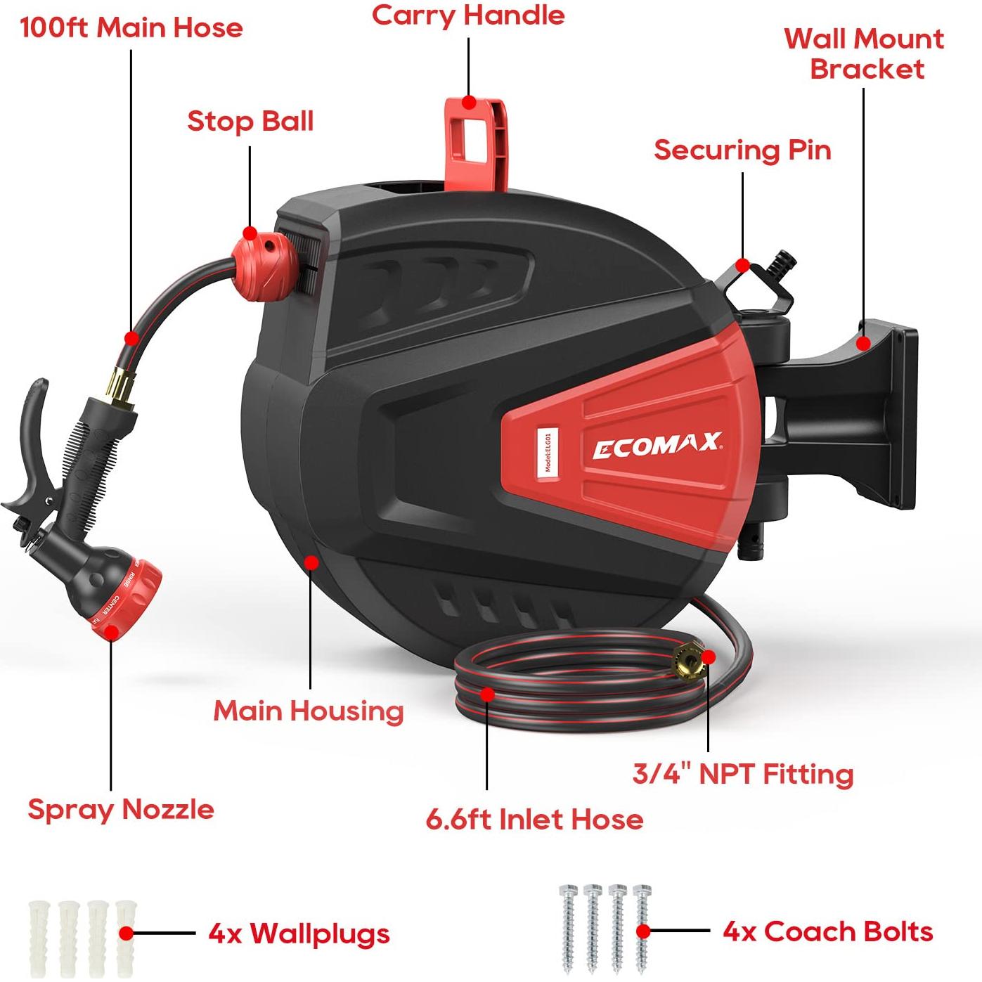 Carrete de Manguera de Jardín ECOMAX ELG01 30.48m con 9 Patrones