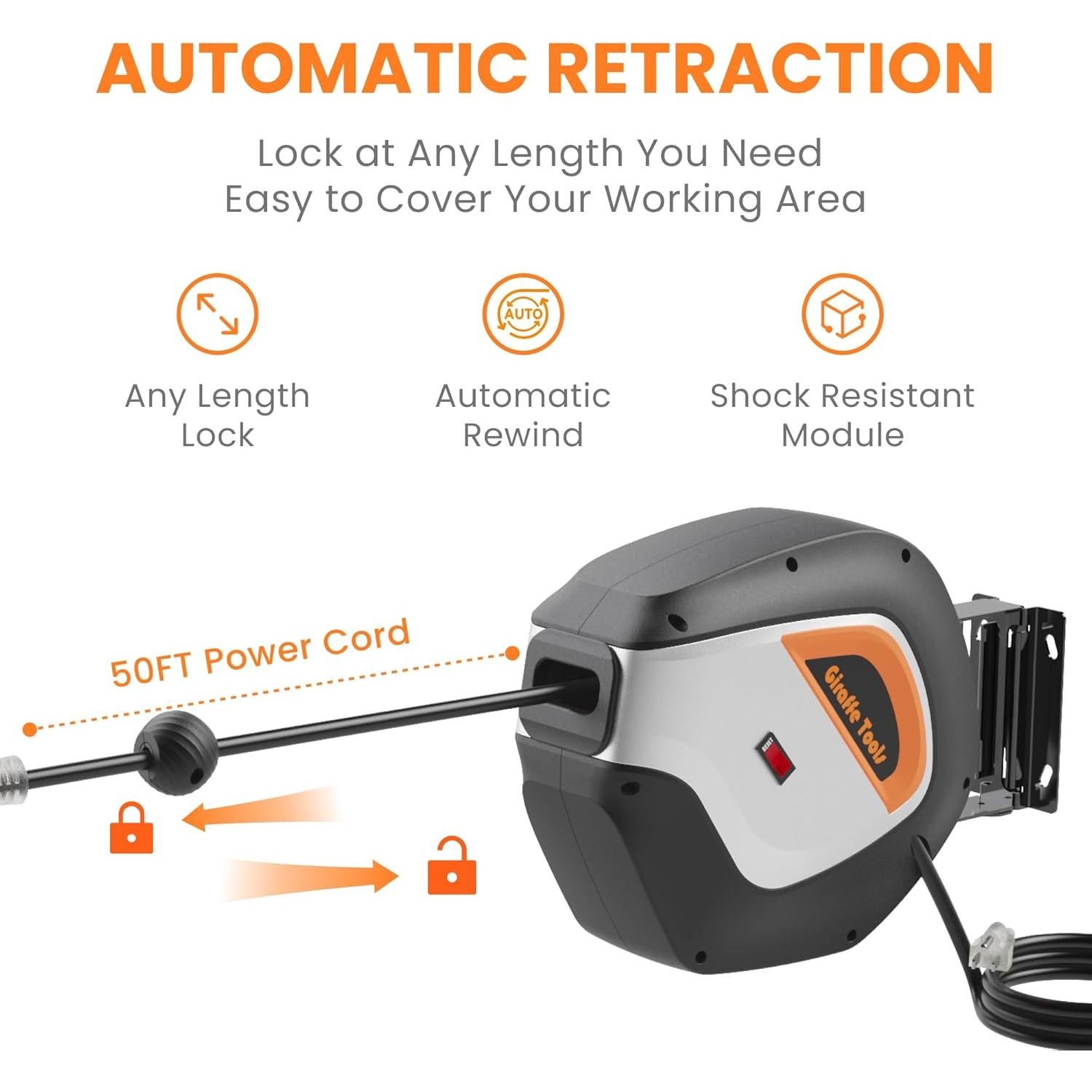 Carrete de Cable Retráctil Giraffe Tools 15m 12AWG Montaje Pared