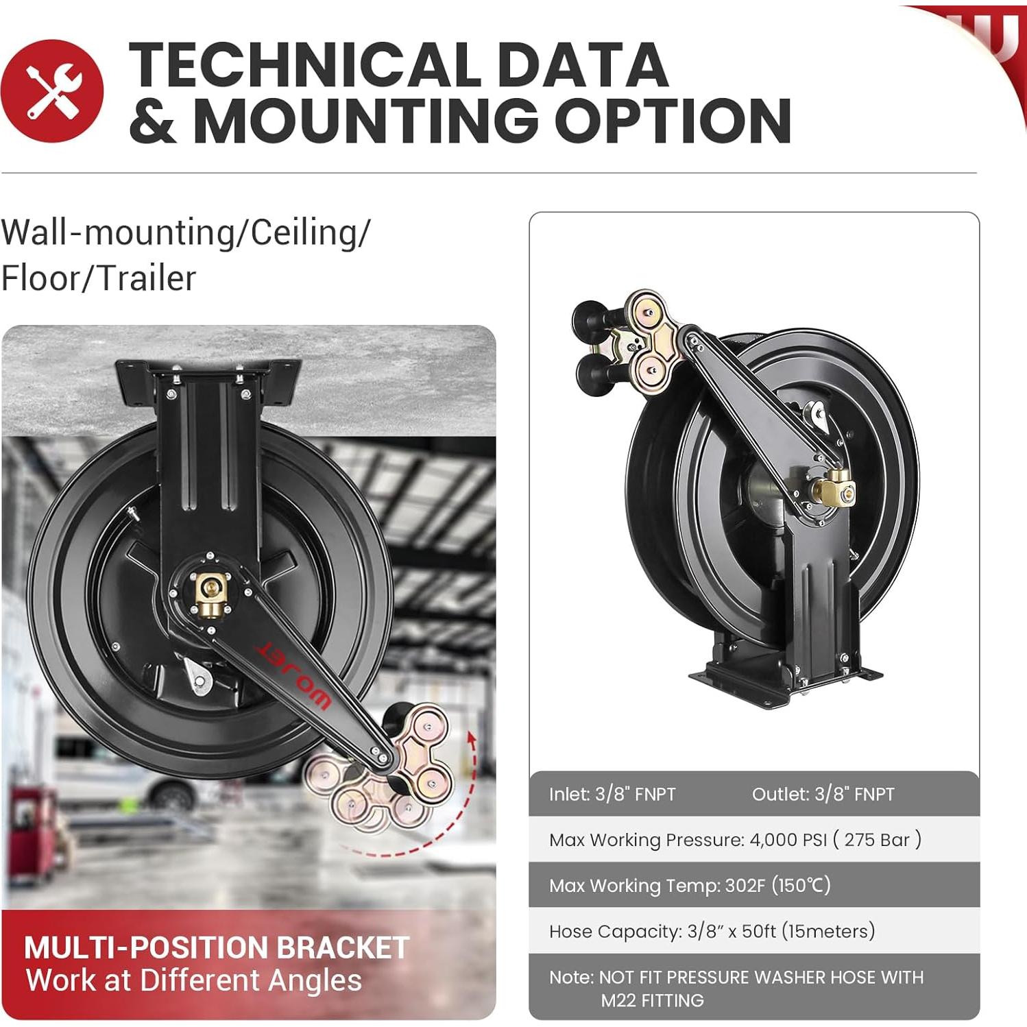 Carrete de Manguera Retráctil WOJET 15 m x 9.5 mm 4000 PSI