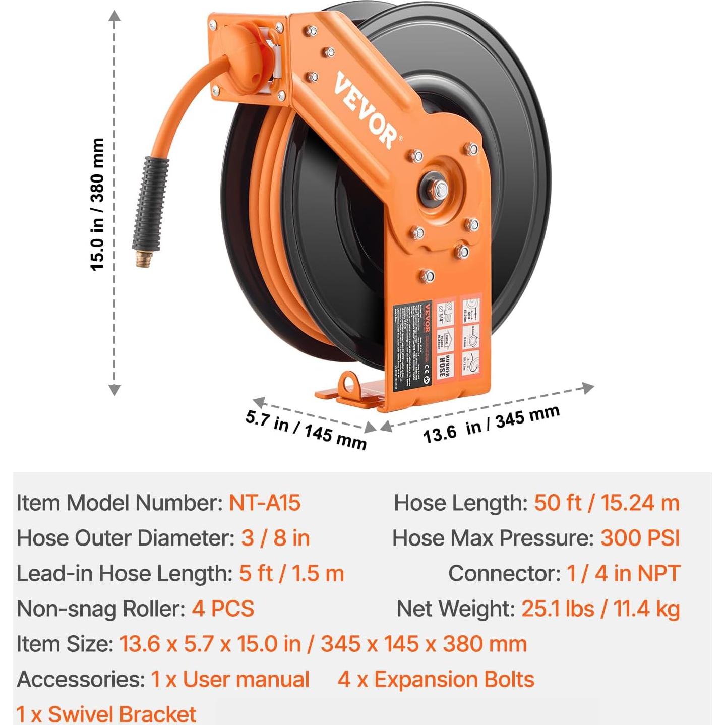 Carrete de Manguera de Aire Retráctil VEVOR 3/8" x 15m 300PSI