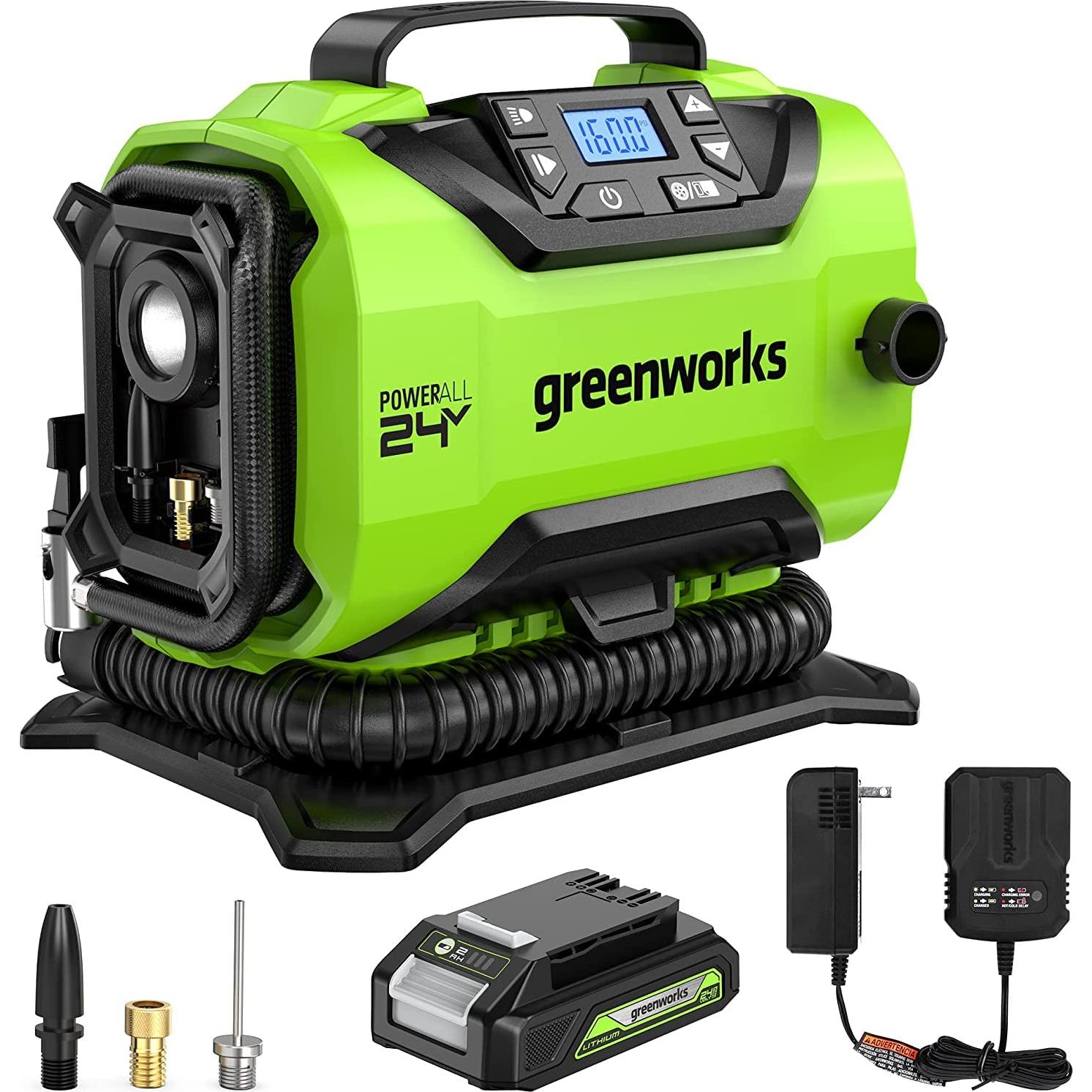 Inflador Inalámbrico Greenworks 24V con Luz LED y Batería 2Ah