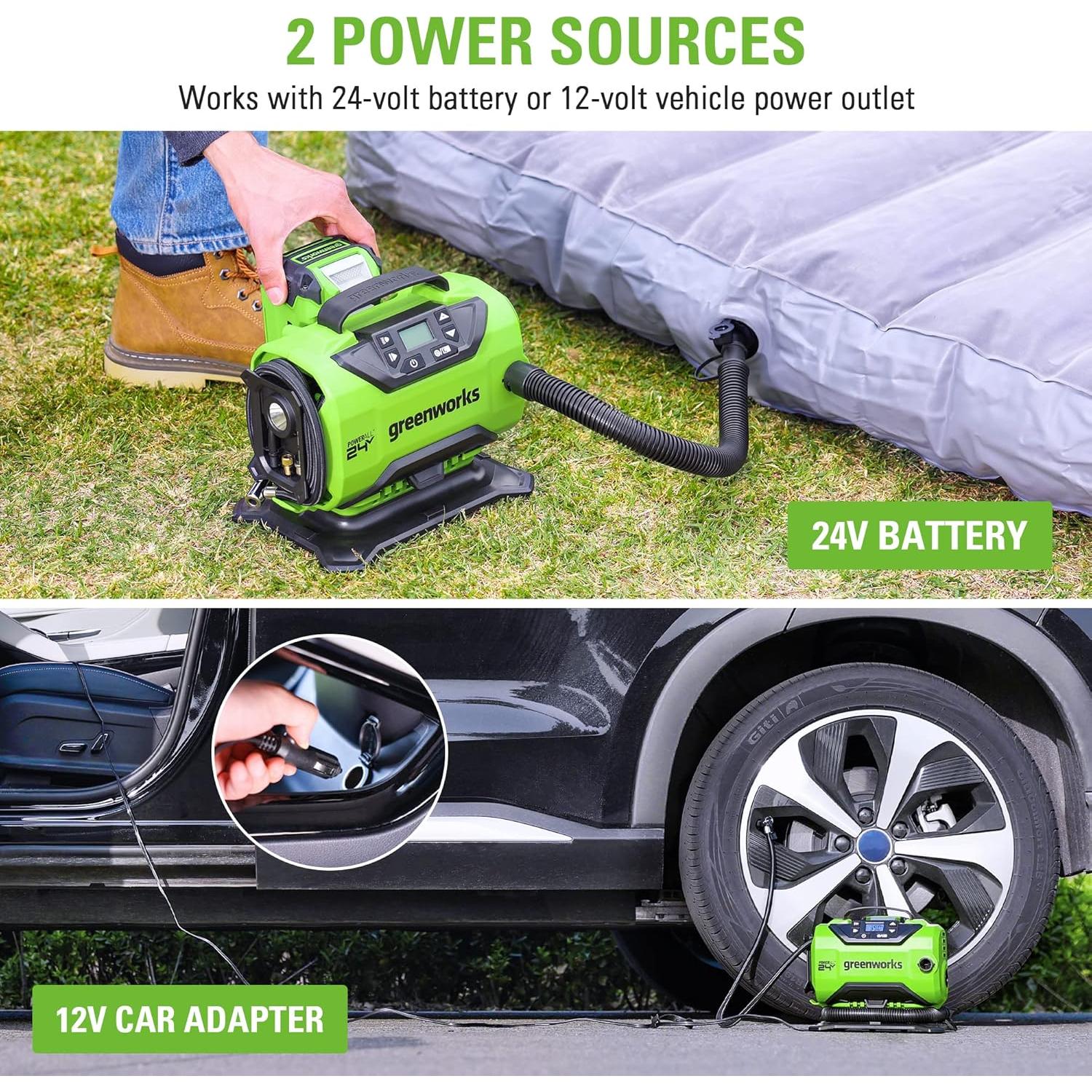 Inflador Inalámbrico Greenworks 24V con Luz LED y Batería 2Ah