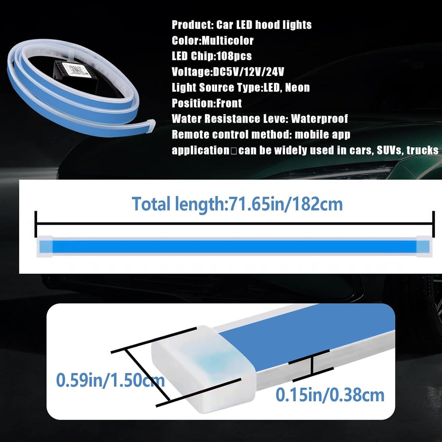 Tira de Luz LED Vooda 182cm Multicolor para Capó de Auto