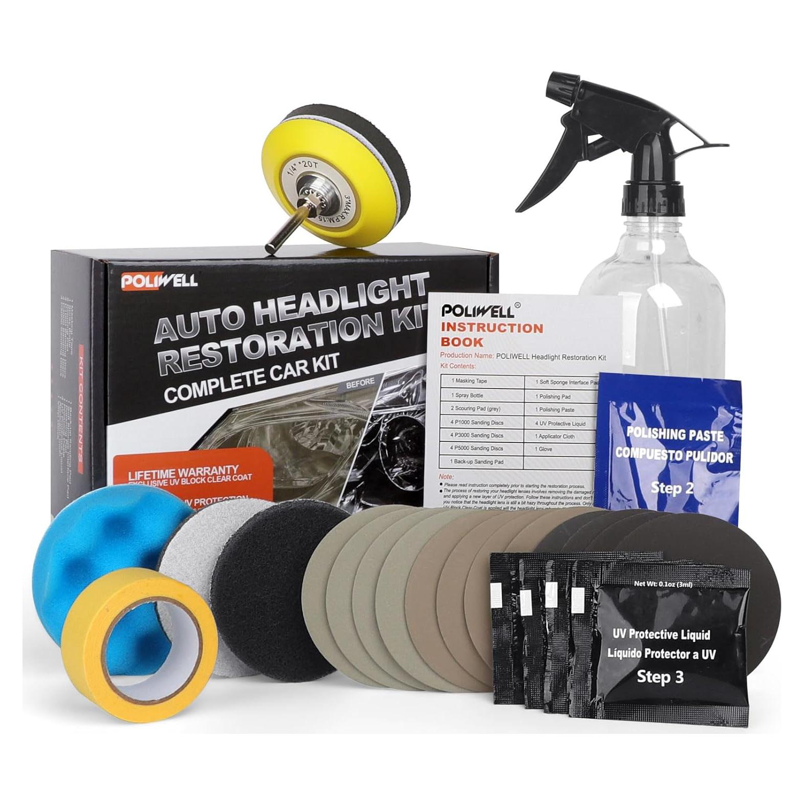 Kit de Restauración de Faros Poliwell 24 Piezas - 3 Pasos Fáciles