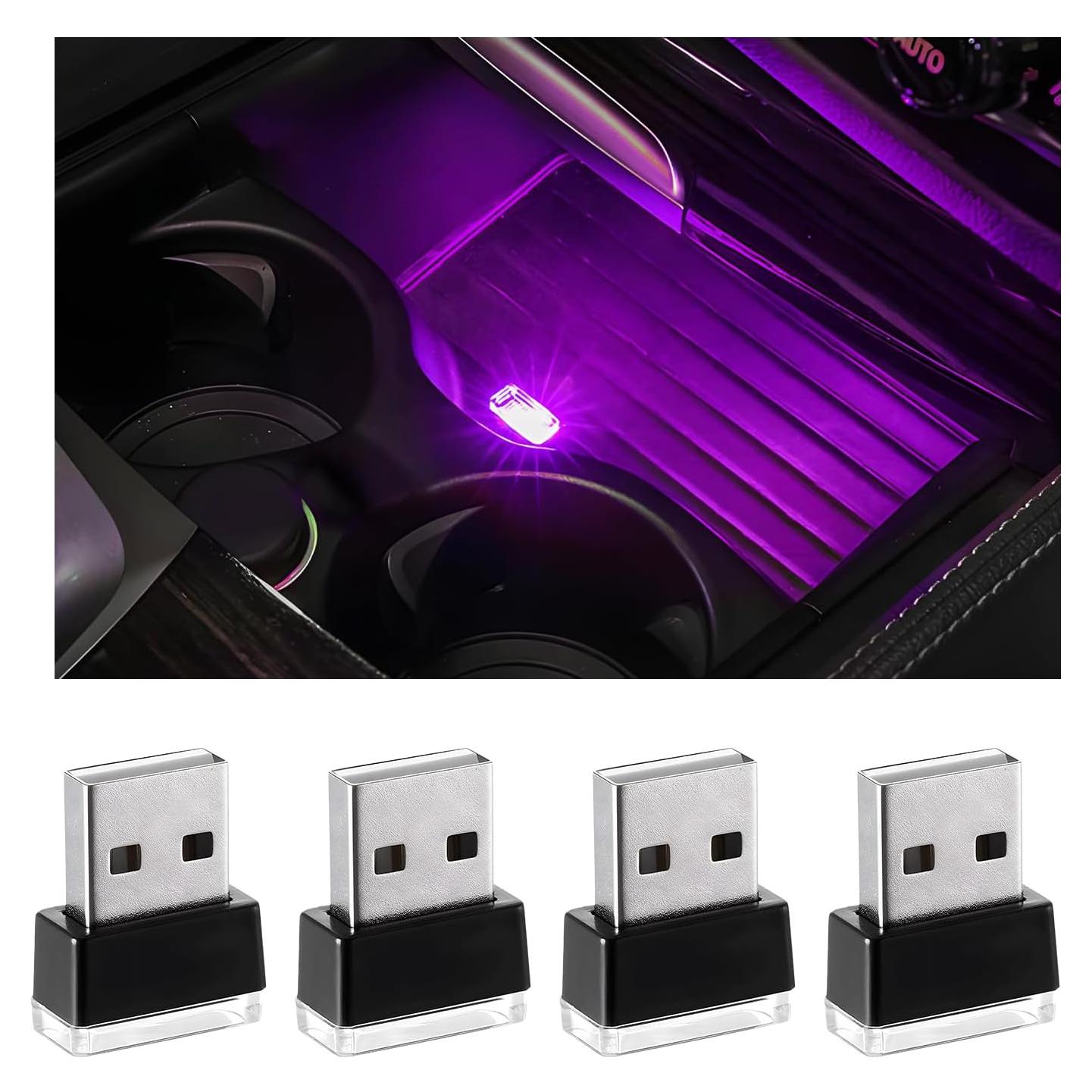 4 Lámparas LED USB para Interior de Coche Yourkar Púrpura