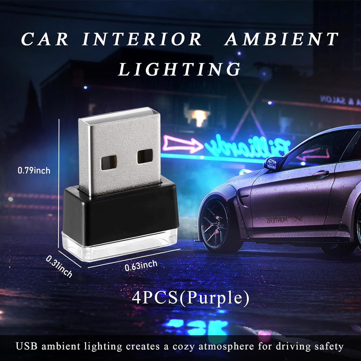 4 Lámparas LED USB para Interior de Coche Yourkar Púrpura