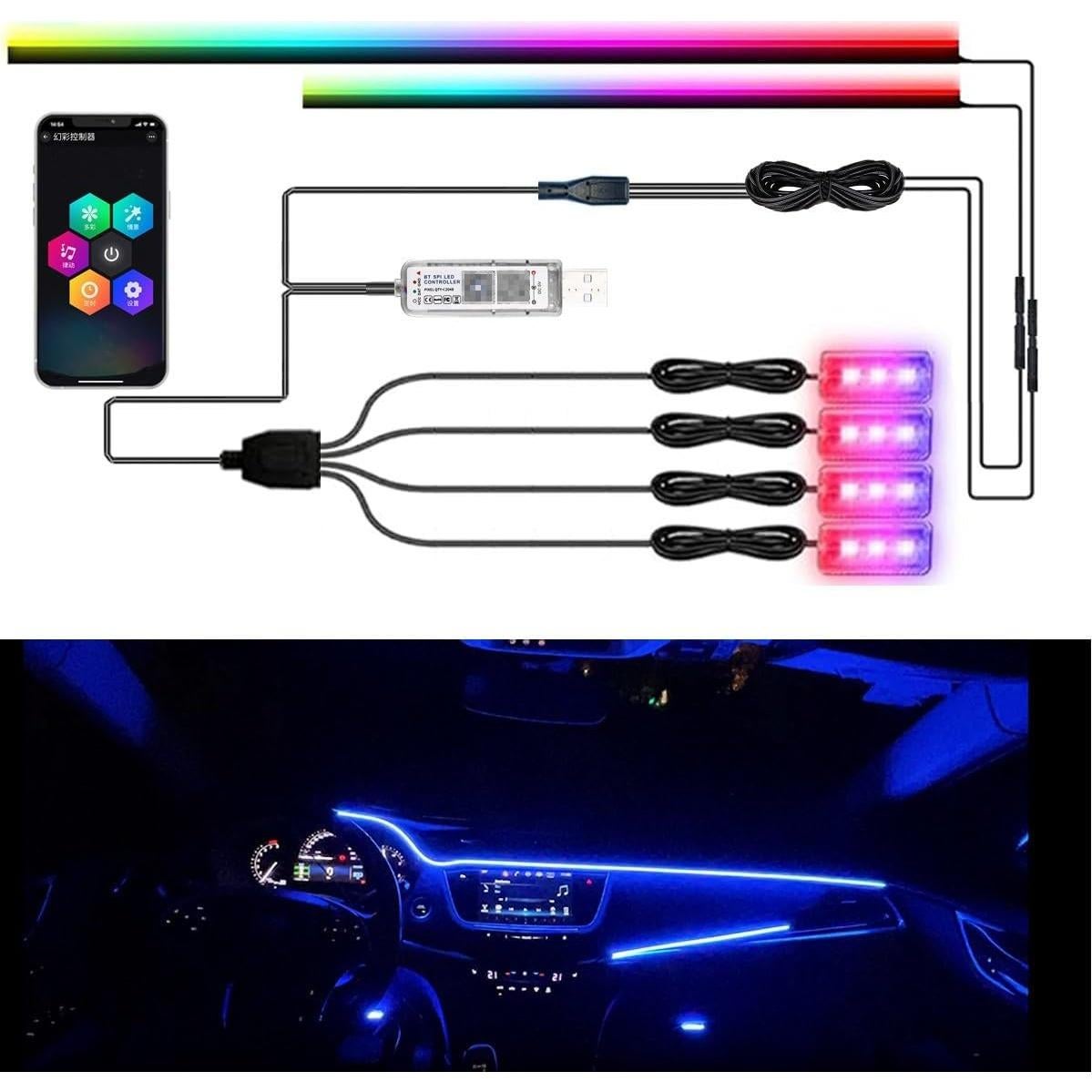 Tira de Luz LED Interior de Coche Vooda FWD-YBD Multicolor 6 en 1