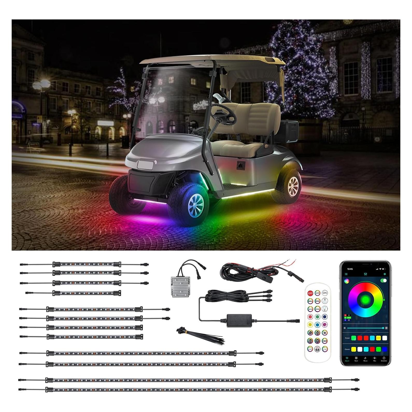 Roykaw Golf Cart LED Strip Lights, Underglow Neon Light Kit Compatible with EZGO/Club Car/Yamaha and Most Brands Golf Carts, Waterproof/LED Decorative Lights/Multi-Dynamic Modes, 12PCS