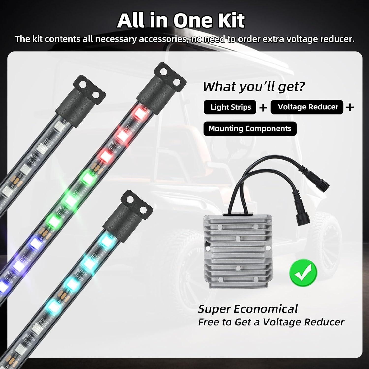 Roykaw Golf Cart LED Strip Lights, Underglow Neon Light Kit Compatible with EZGO/Club Car/Yamaha and Most Brands Golf Carts, Waterproof/LED Decorative Lights/Multi-Dynamic Modes, 12PCS