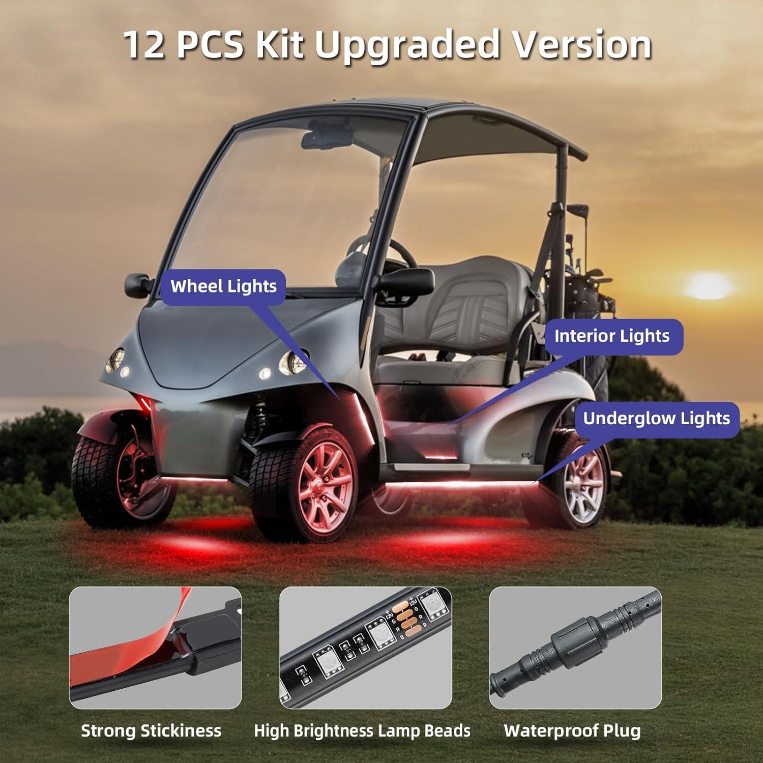 Roykaw Golf Cart LED Strip Lights, Underglow Neon Light Kit Compatible with EZGO/Club Car/Yamaha and Most Brands Golf Carts, Waterproof/LED Decorative Lights/Multi-Dynamic Modes, 12PCS