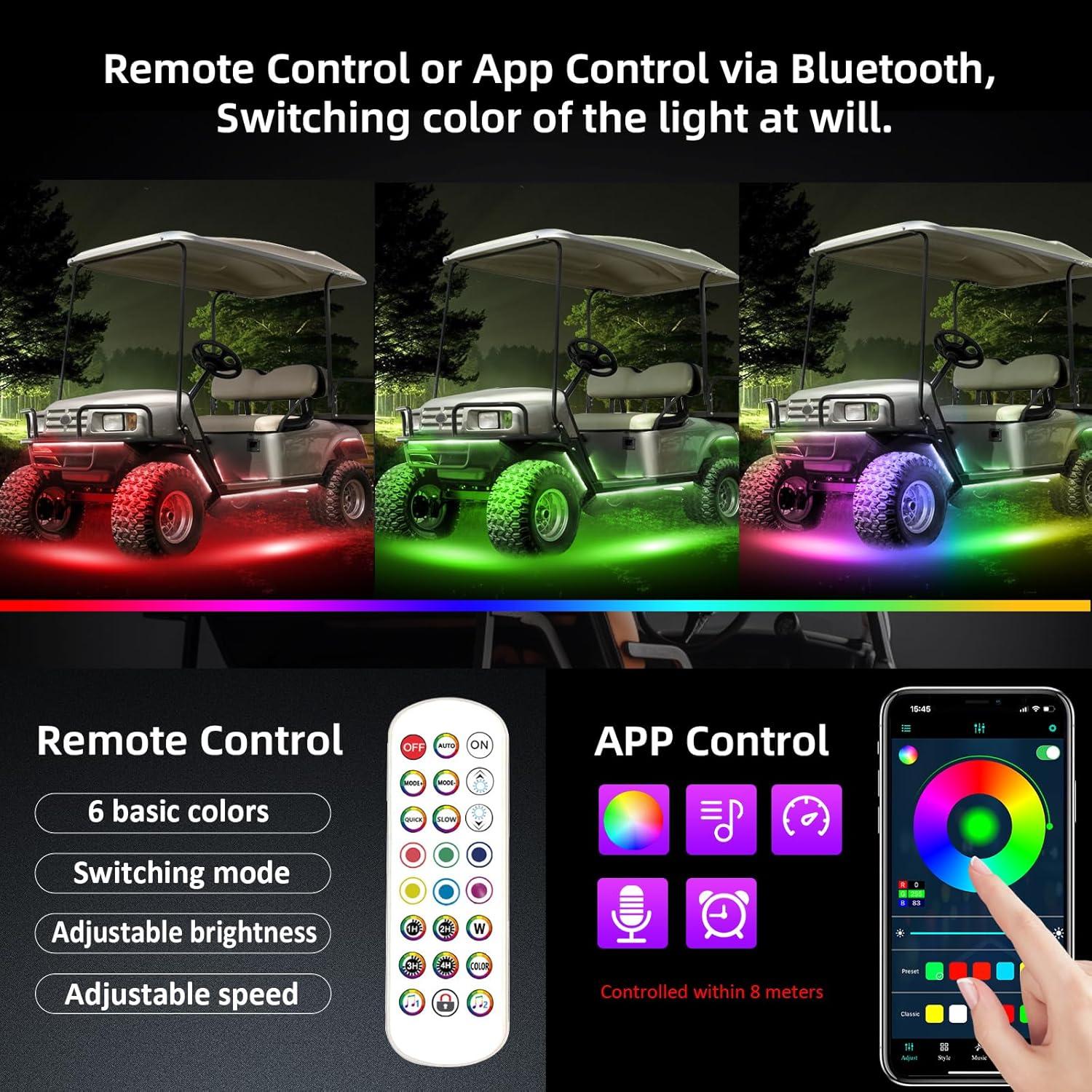 Roykaw Golf Cart LED Strip Lights, Underglow Neon Light Kit Compatible with EZGO/Club Car/Yamaha and Most Brands Golf Carts, Waterproof/LED Decorative Lights/Multi-Dynamic Modes, 12PCS