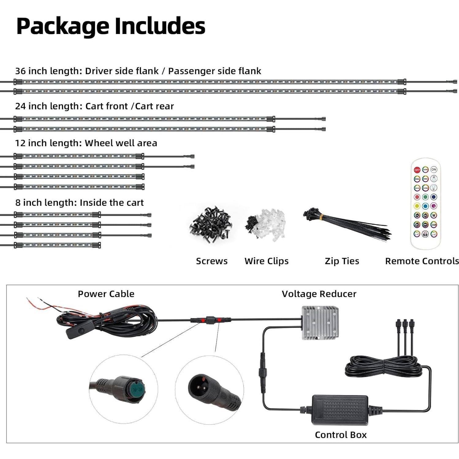 Roykaw Golf Cart LED Strip Lights, Underglow Neon Light Kit Compatible with EZGO/Club Car/Yamaha and Most Brands Golf Carts, Waterproof/LED Decorative Lights/Multi-Dynamic Modes, 12PCS
