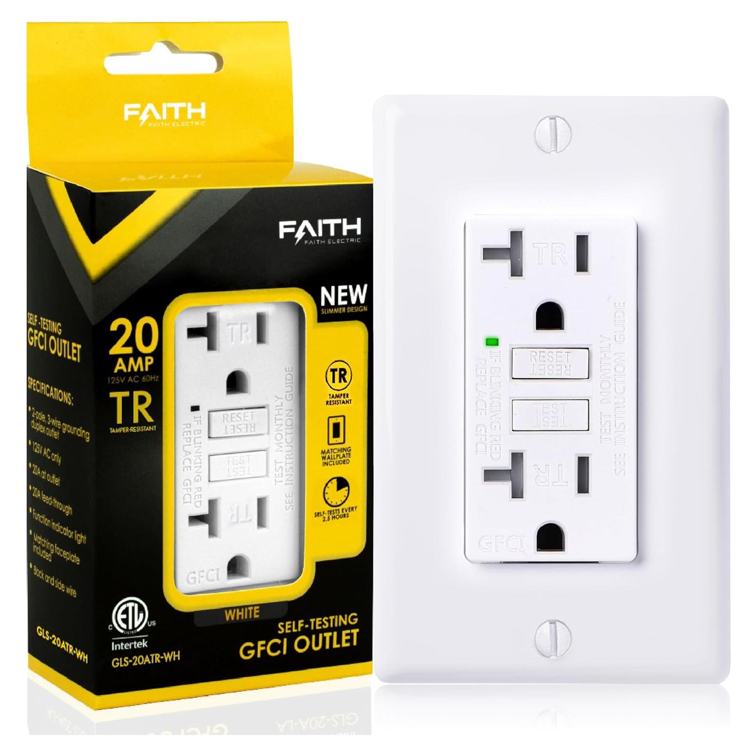 Toma GFCI 20A Faith Electric con auto-prueba y LED