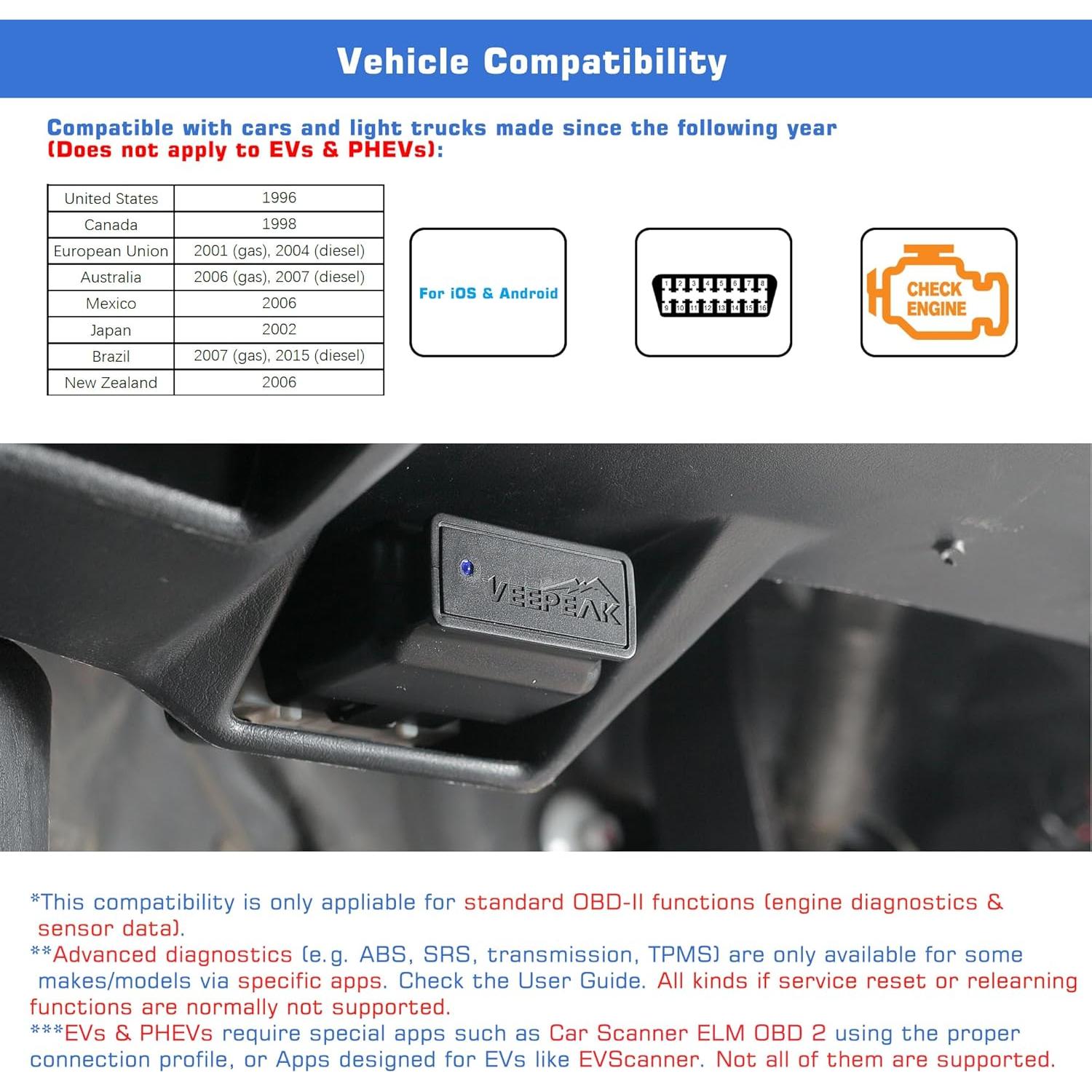 Escáner OBD II Veepeak BLE Bluetooth para iOS y Android