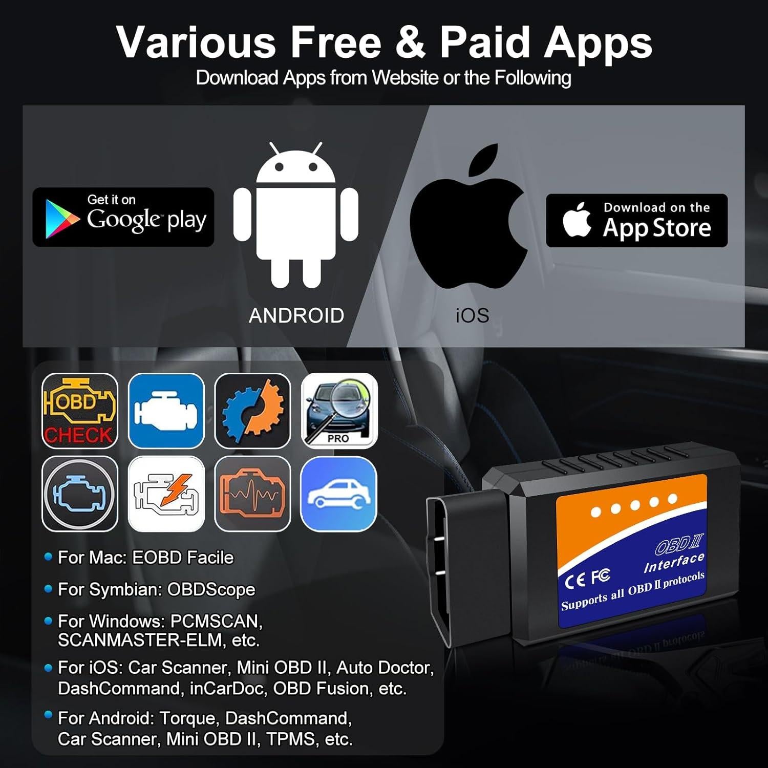 Escáner OBD2 Bluetooth LJPXHHU para iOS y Android