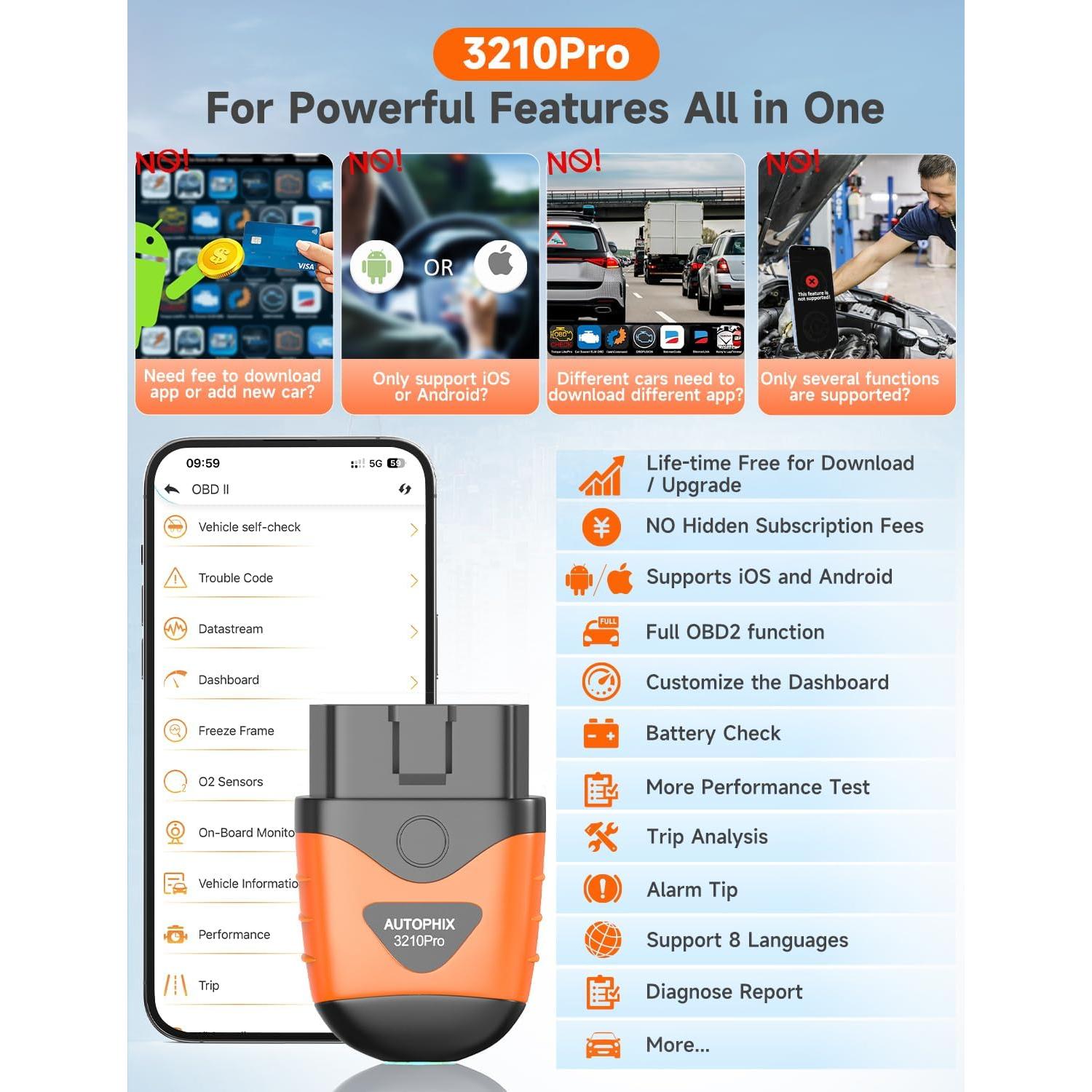Escáner OBD2 Bluetooth AUTOPHIX 3210 Pro - Diagnóstico ABS, SRS, Motor