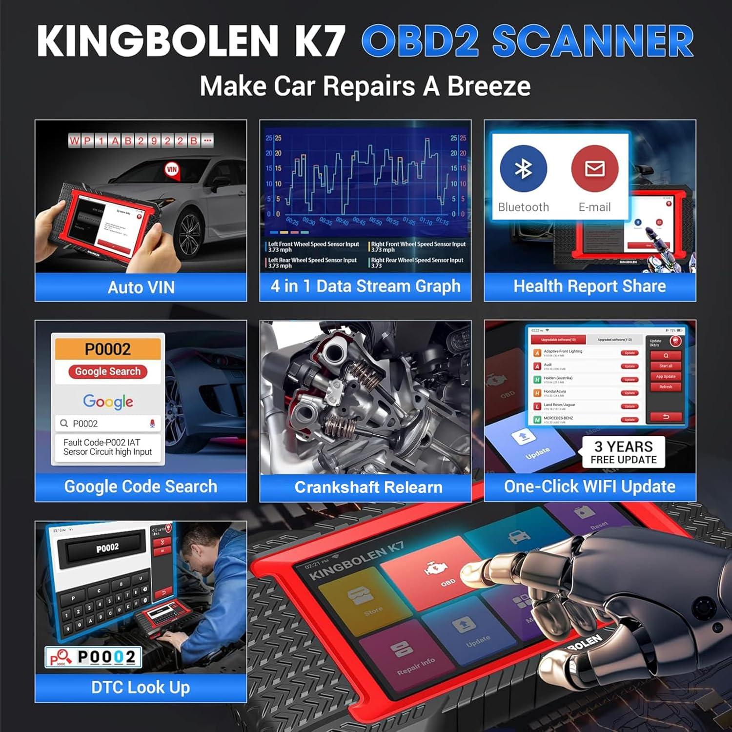 KINGBOLEN K7 OBD2 Scanner Bluetooth 2025 Bidirectional Scan Tool with Lifetime F.Ree Update(New Version), ECU Coding, 31+ Resets, Full System Car Diagnosis, FCA AutoAuth, Crankshaft Relearn