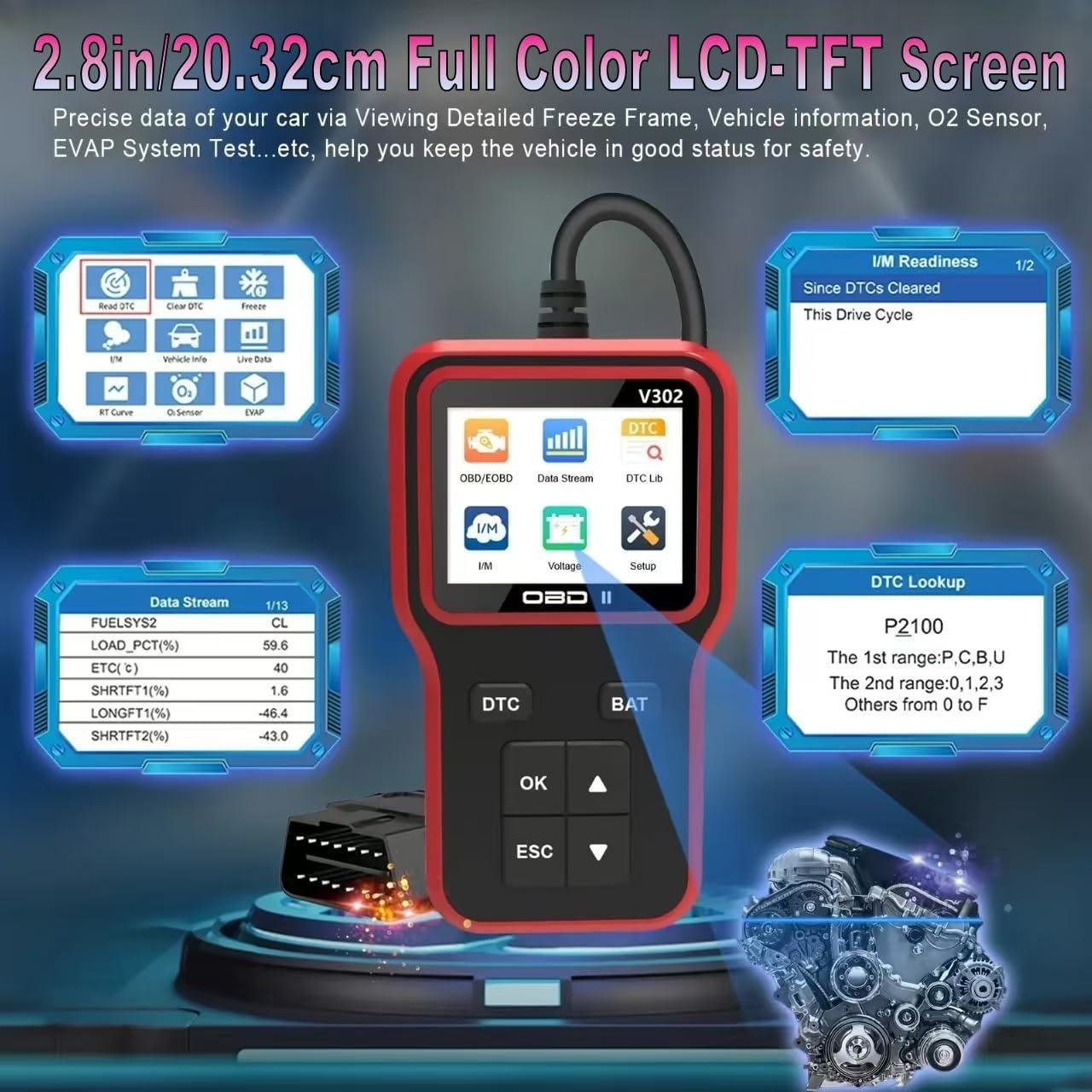 Herramienta de Diagnóstico OBD2 SKYOEM V302 con Pantalla 2.8"