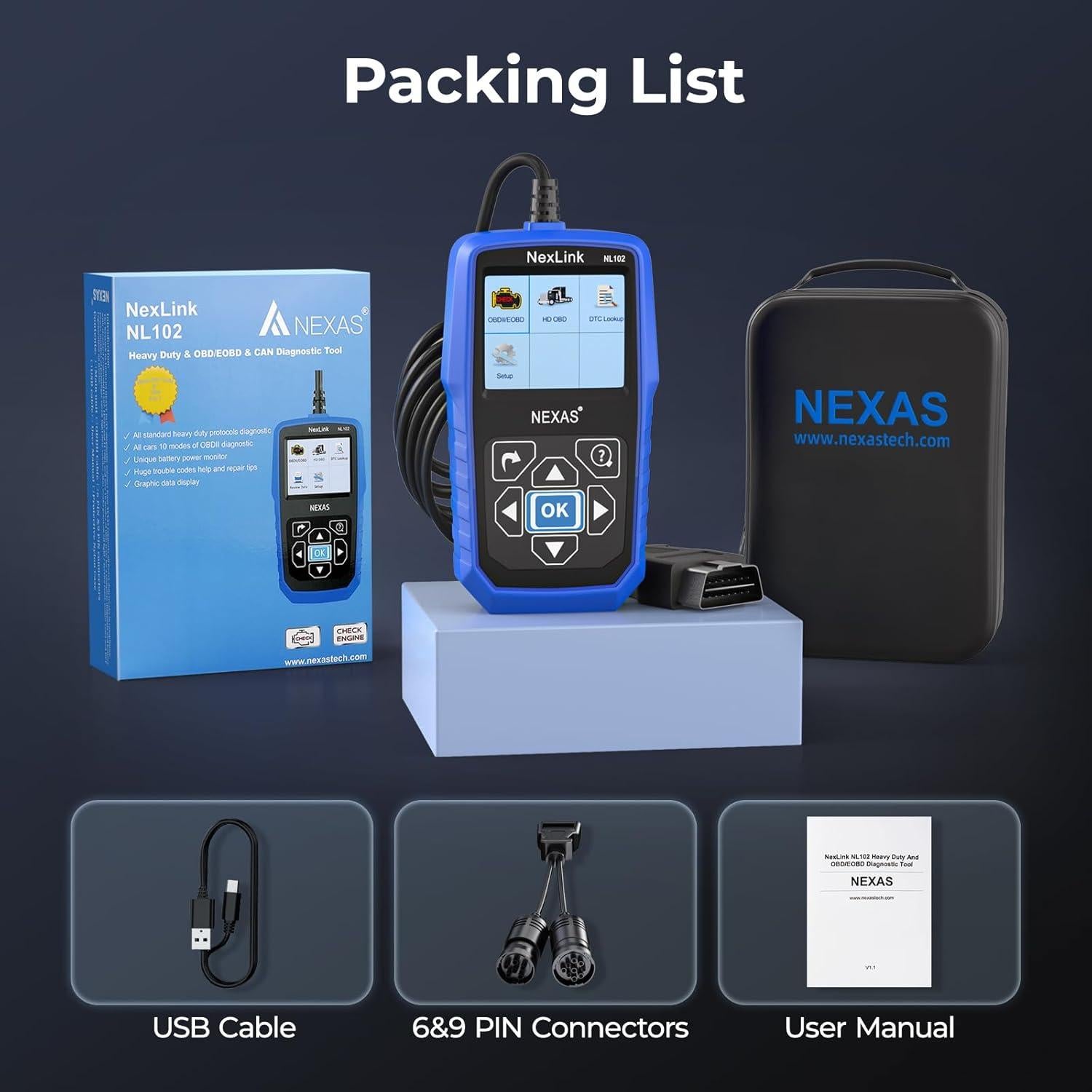 Escáner de Camiones NEXAS NL102 OBD2 Completo 0.85kg