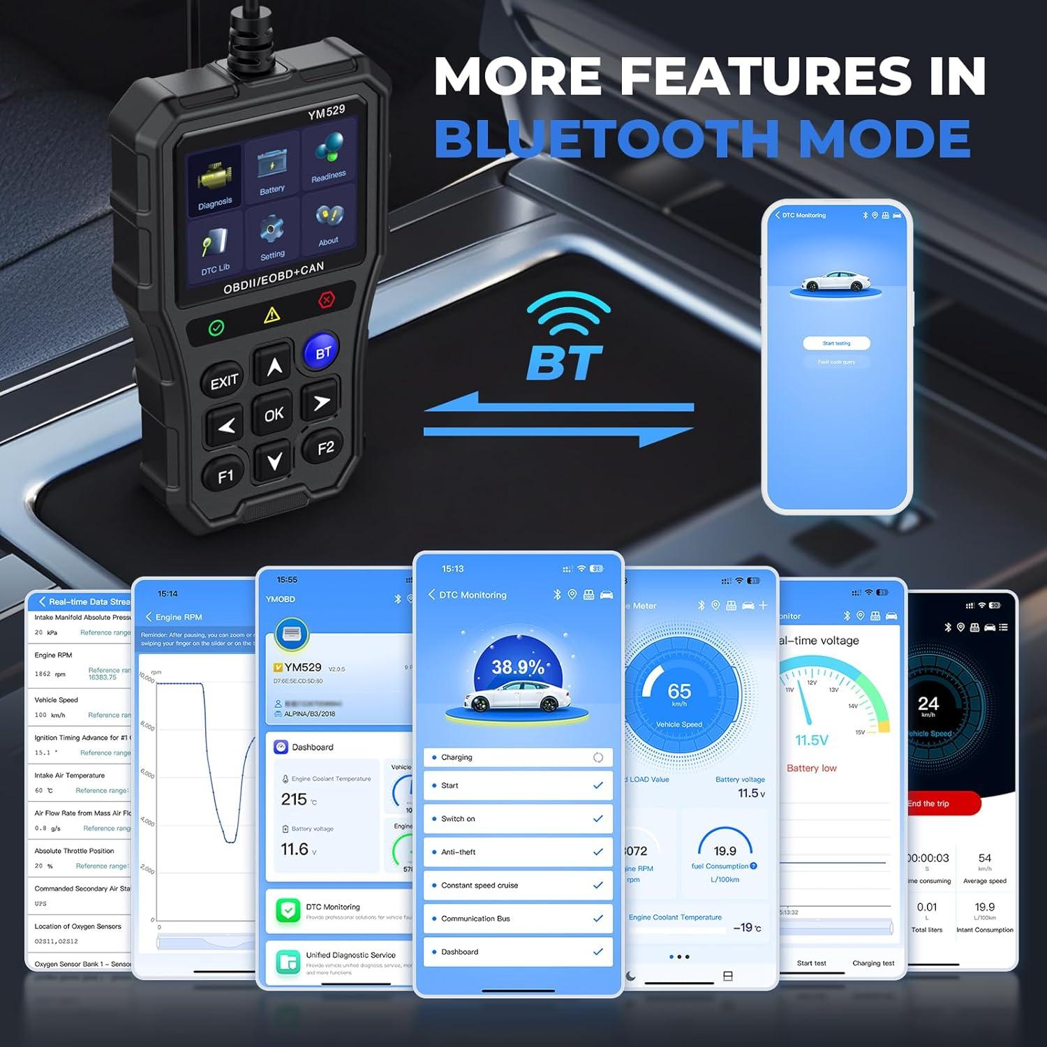 Escáner OBD2 Bluetooth BingoHive YM529 con prueba de batería