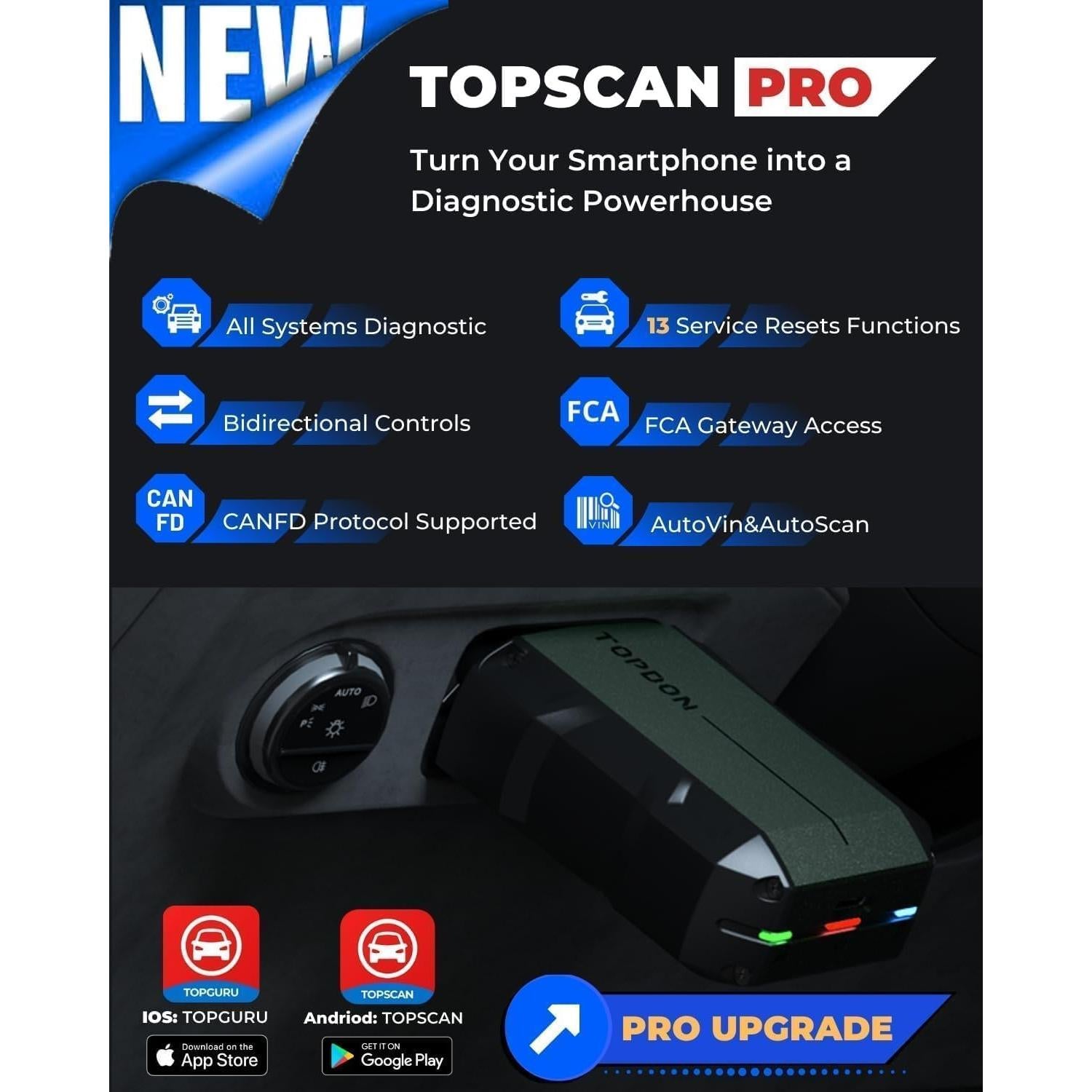TOPDON TopScan Pro, Wireless OBD2 Scanner Bluetooth for iOS & Android, Diagnostic Scan Tool All System for Car, Bi-Directional Scanner, Code Reader with 13+ Hot Reset Service, FCA AutoAuth