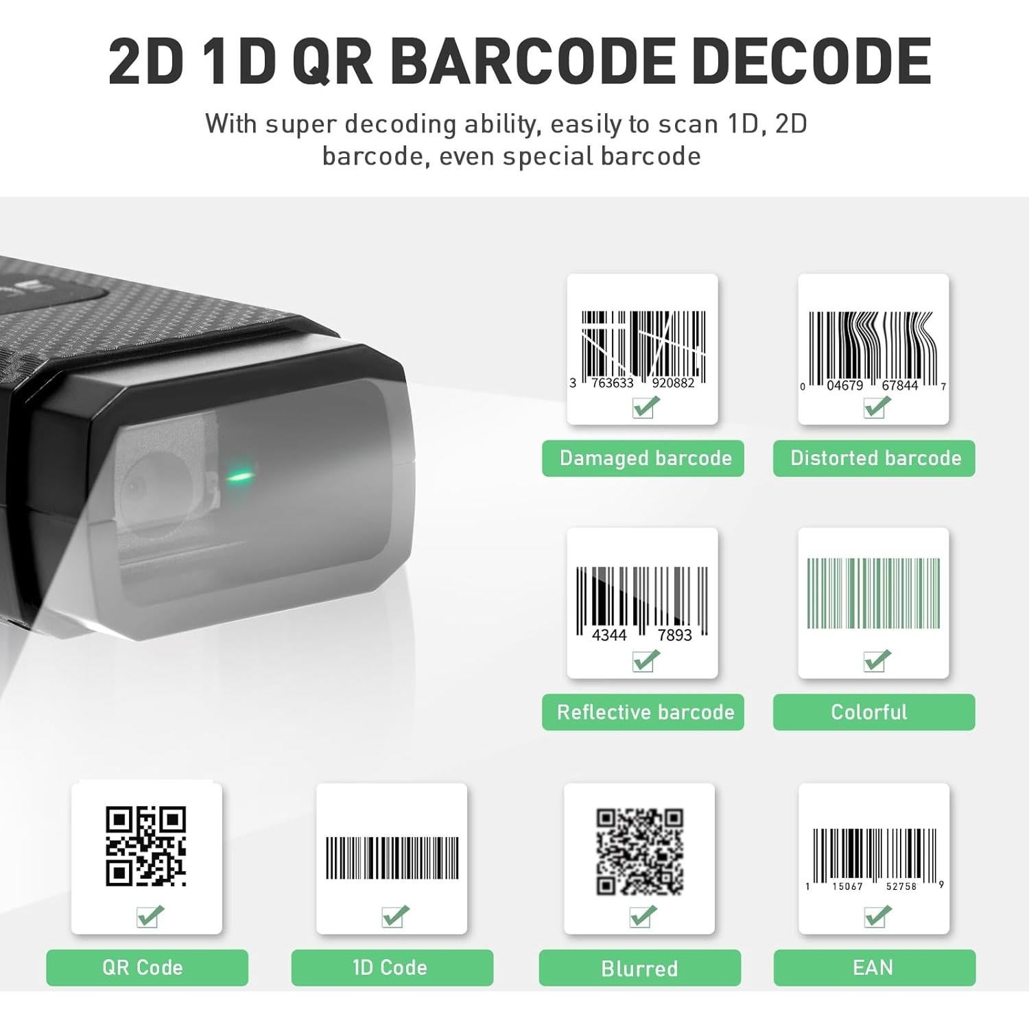 Bluetooth Barcode Scanner, ONEWSCAN Portable 1D 2D PDF417 Wireless Bar Code Scanners Support USB & Bluetooth & Wireless Connection Barcode Reader for Windows, Android, iOS, Tablets