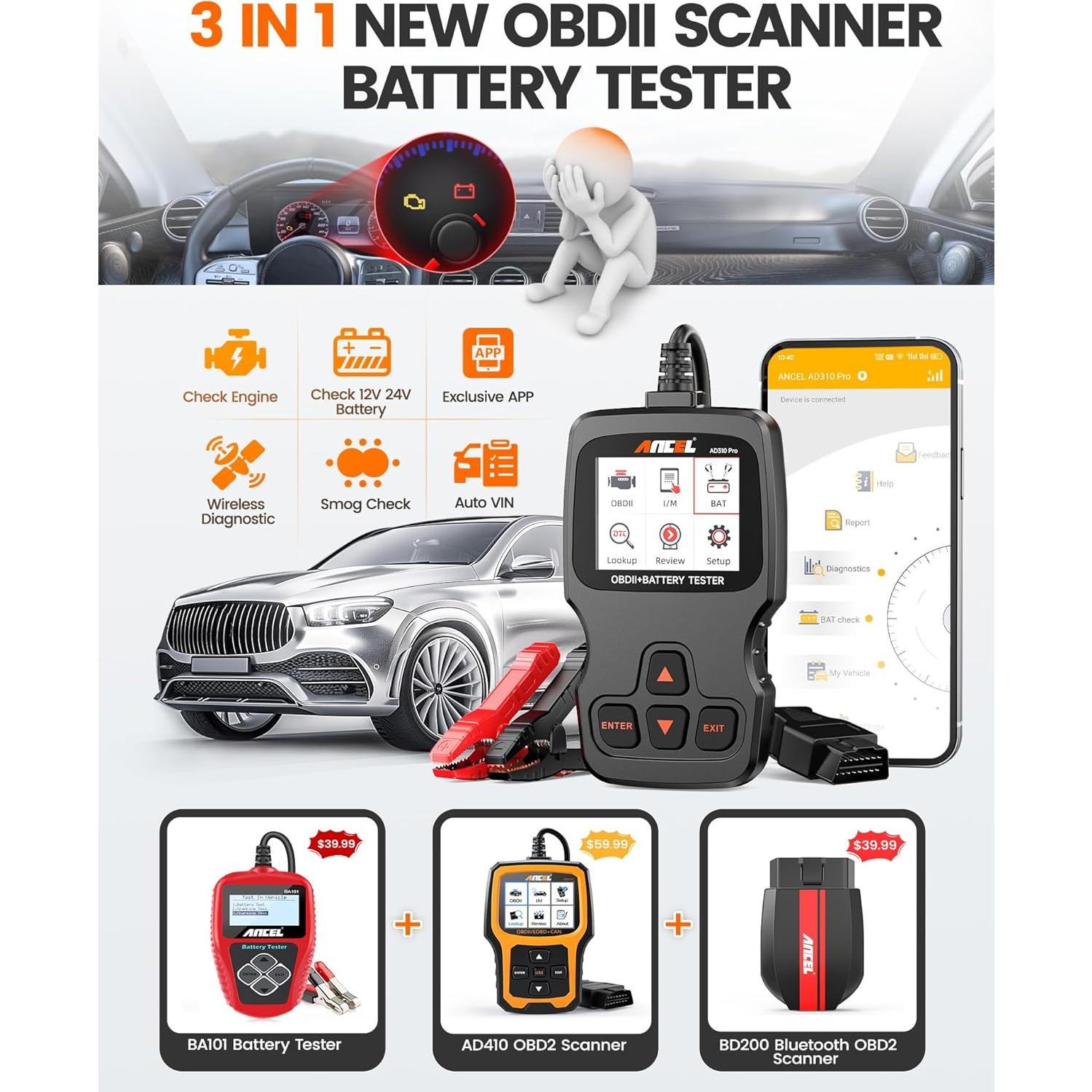 ANCEL AD310 Pro Lector OBD2 y Probador de Batería 12V/24V