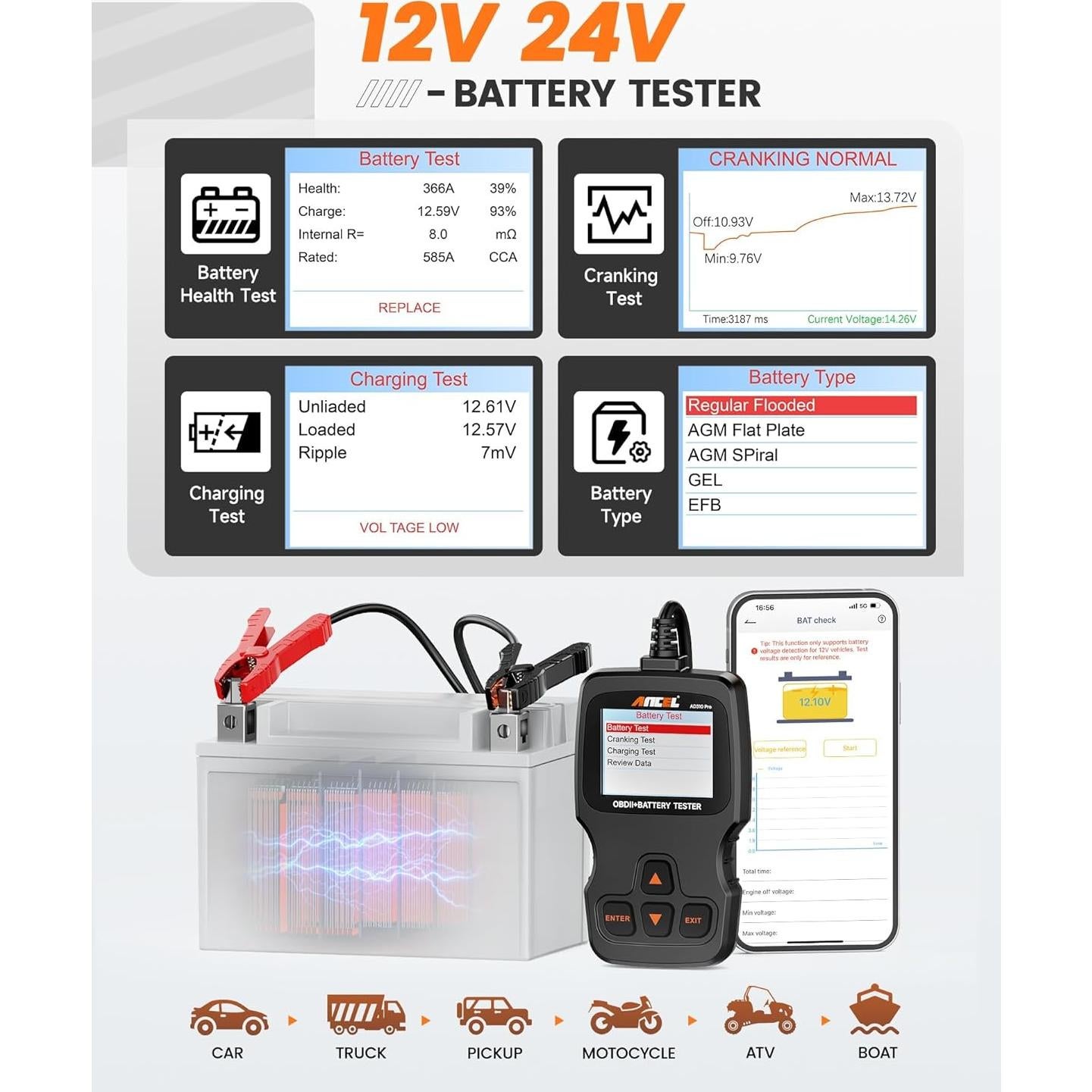 ANCEL AD310 Pro Lector OBD2 y Probador de Batería 12V/24V