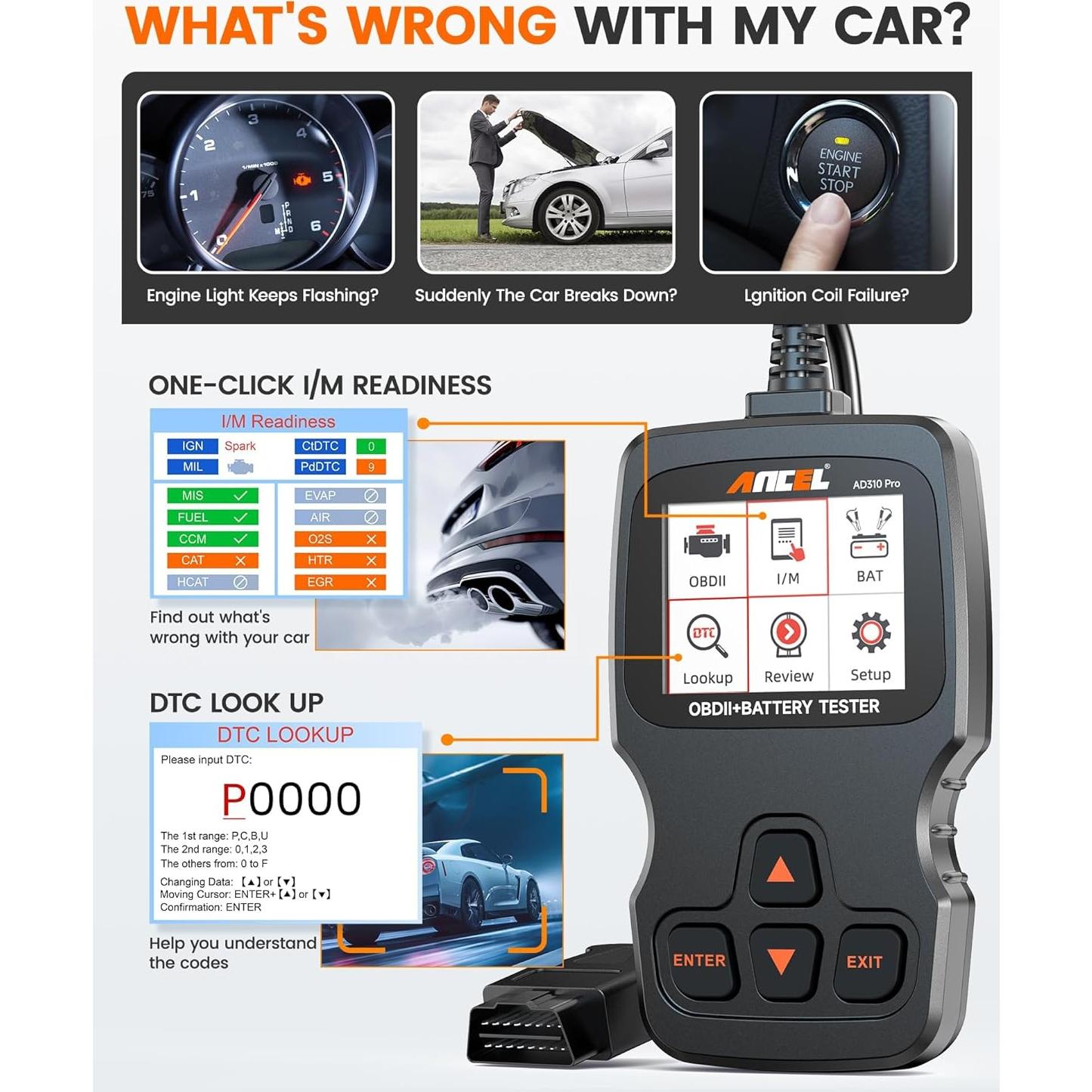 ANCEL AD310 Pro Lector OBD2 y Probador de Batería 12V/24V