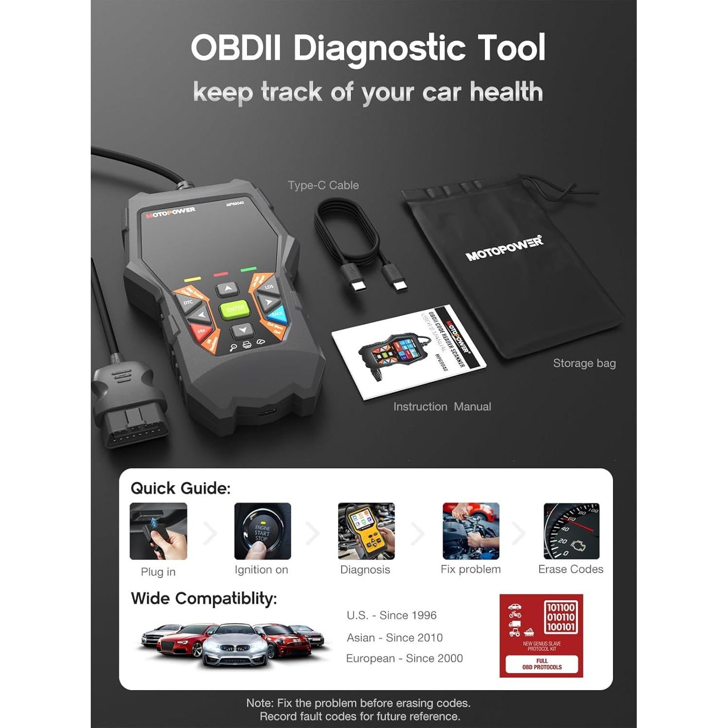 Escáner OBD2 MOTOPOWER MP69040 Lector de Códigos de Fallo