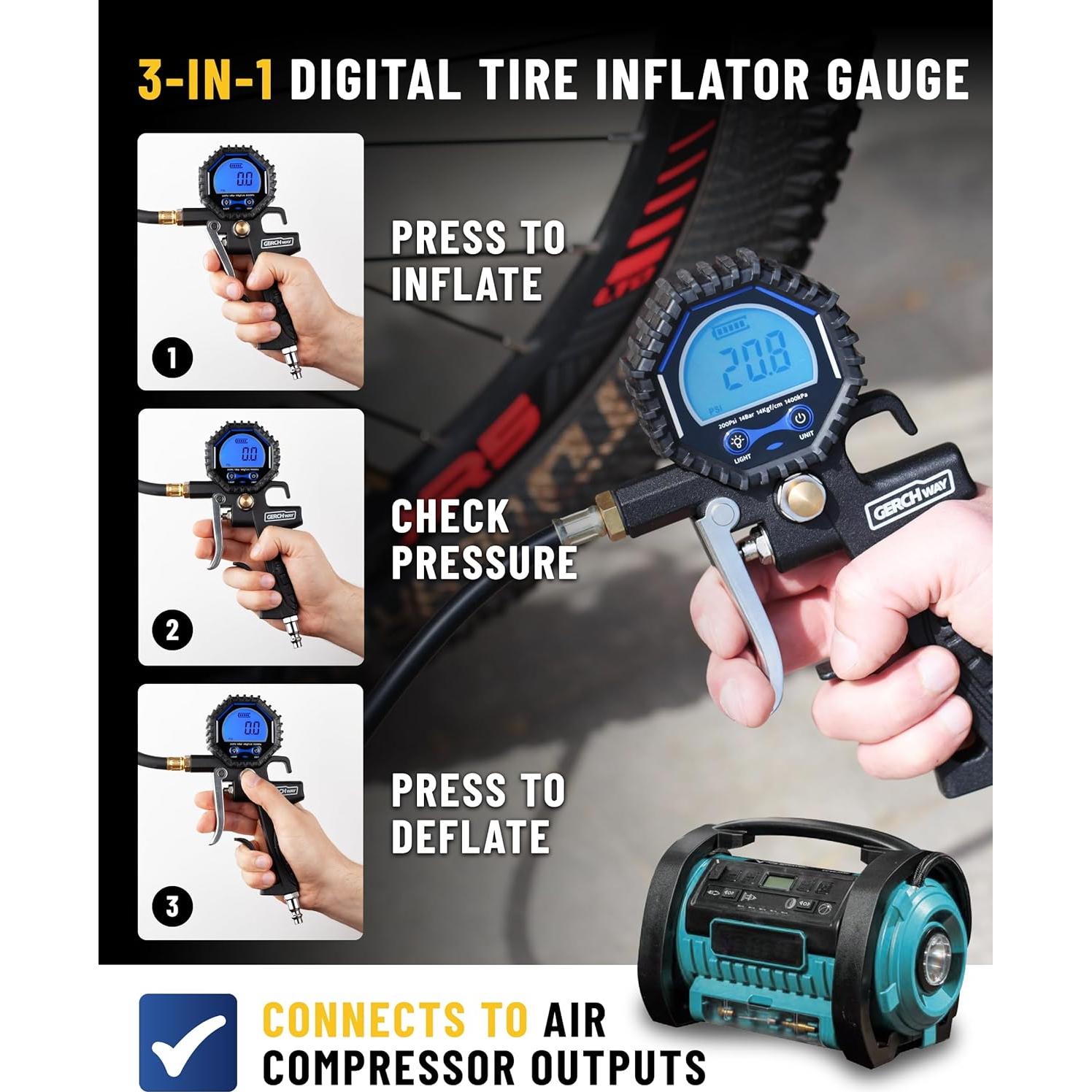 Inflador Digital de Neumáticos Gerchway 200 PSI - Válvula Presta