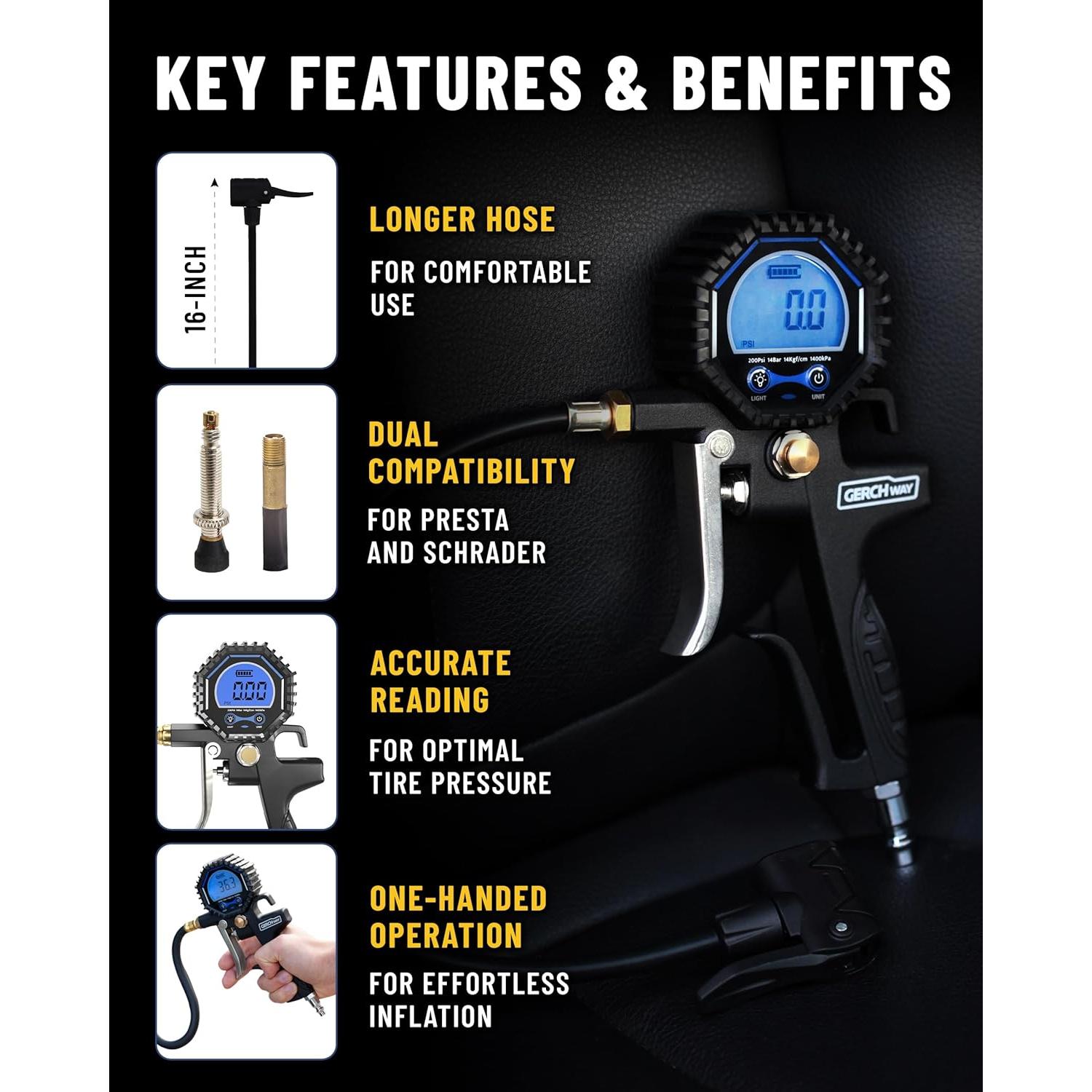 Inflador Digital de Neumáticos Gerchway 200 PSI - Válvula Presta