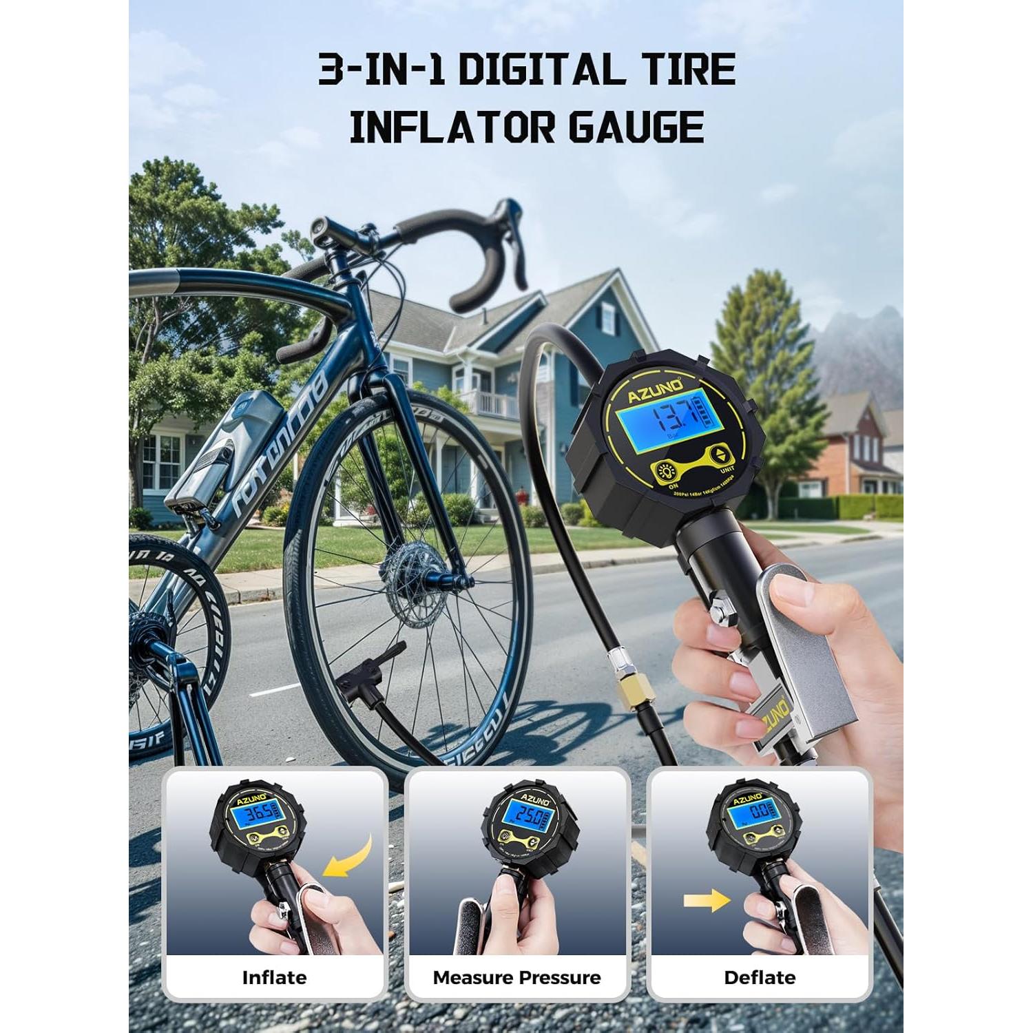 Adaptador de Válvula Presta y Schrader AZUNO con Manómetro 200psi