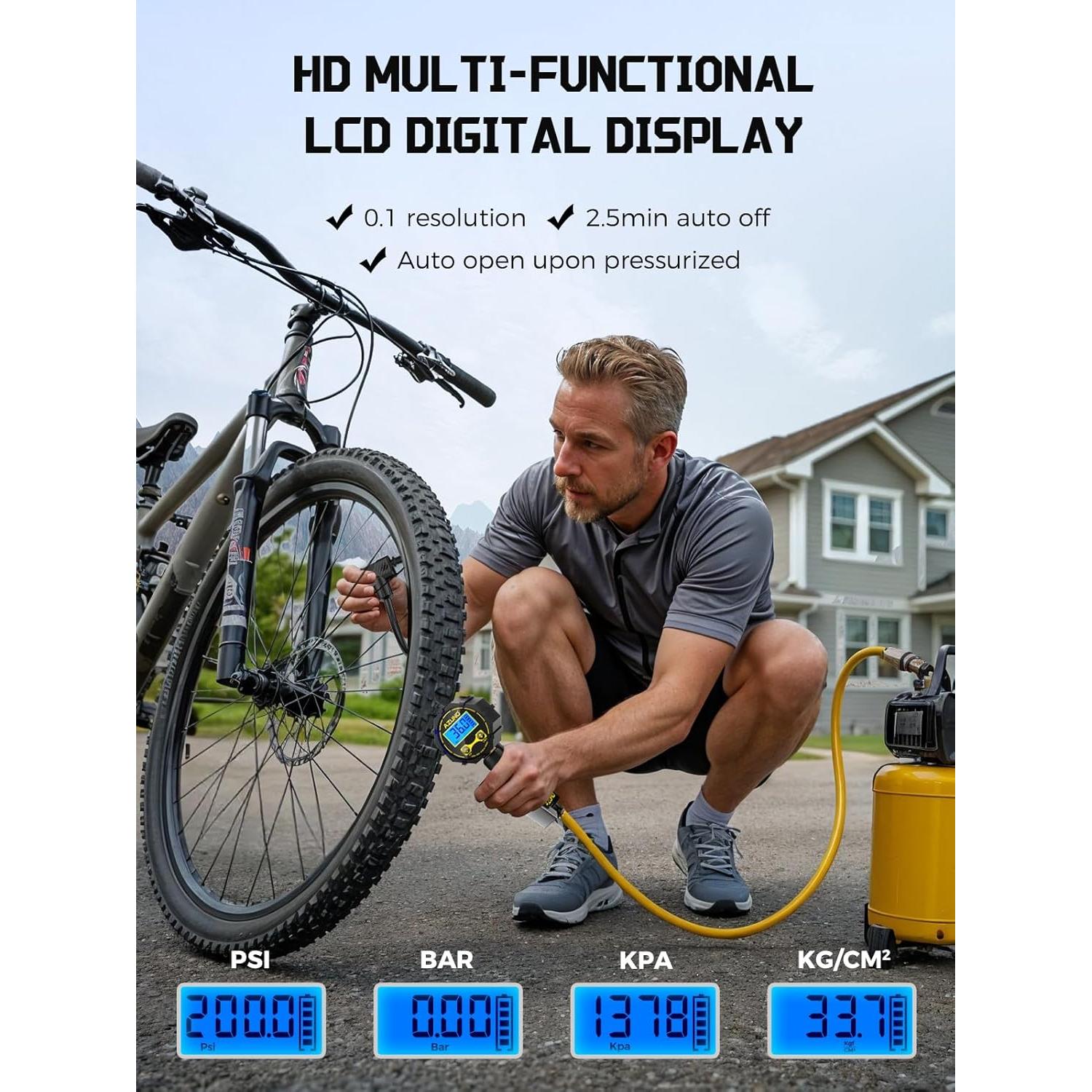 Adaptador de Válvula Presta y Schrader AZUNO con Manómetro 200psi