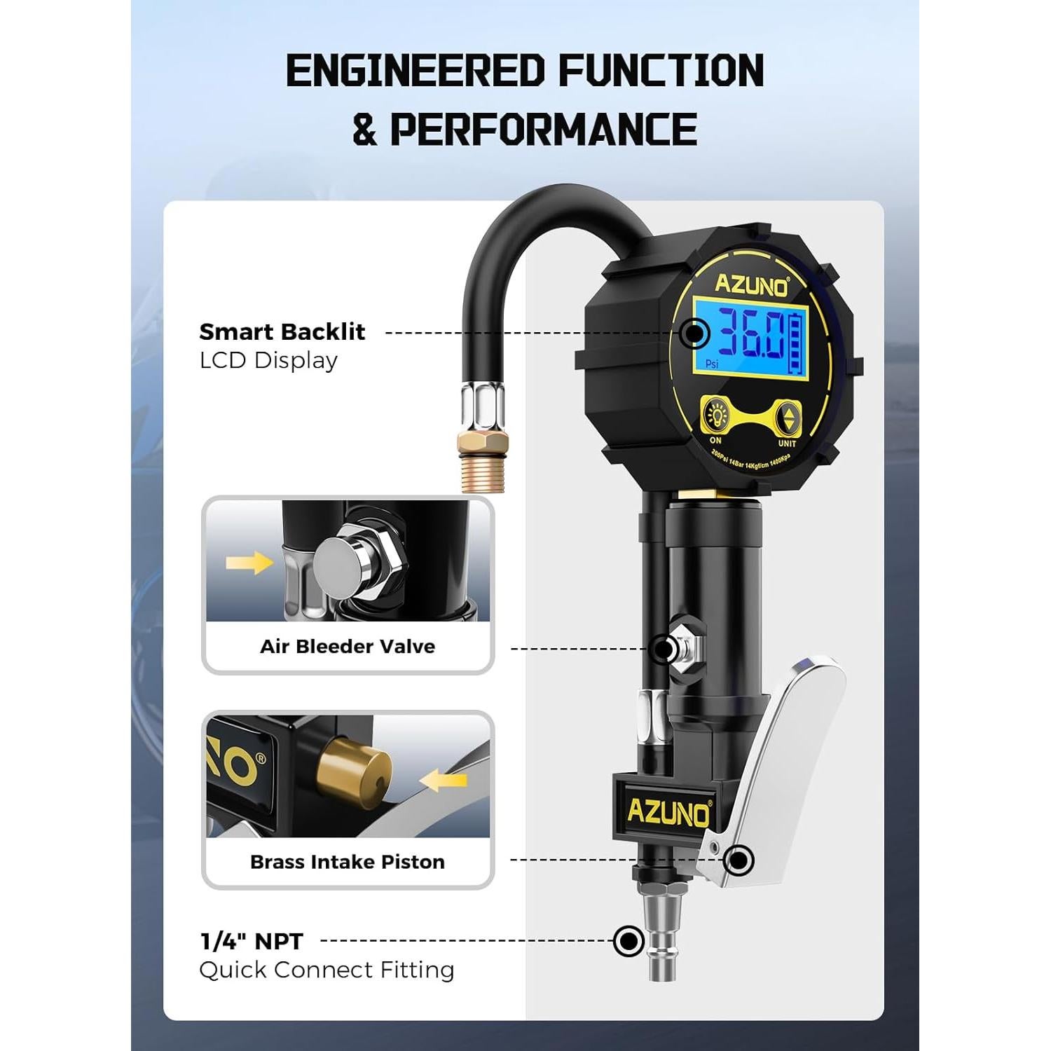 Adaptador de Válvula Presta y Schrader AZUNO con Manómetro 200psi