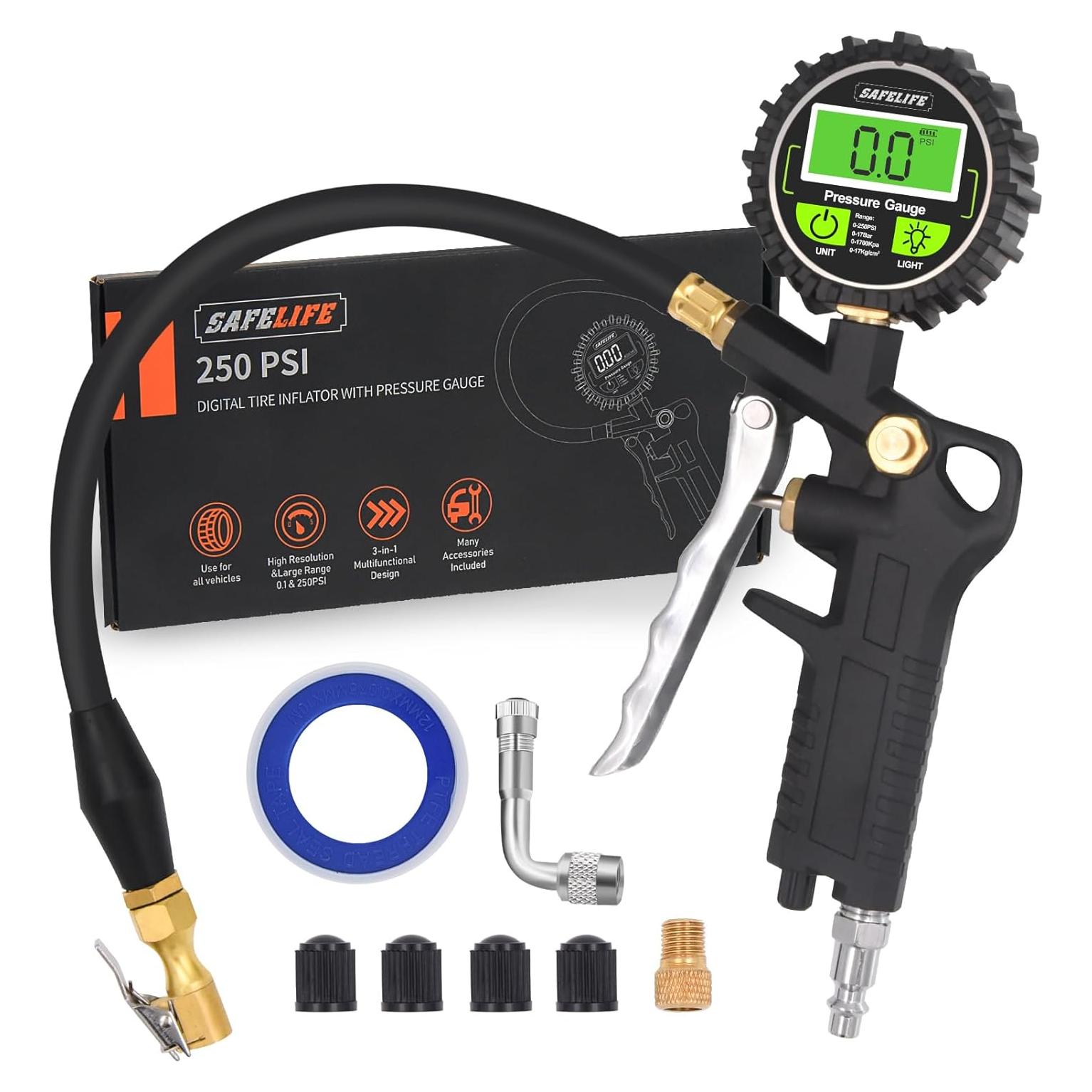 Medidor Digital de Presión de Neumáticos Safelife con Inflador 250 PSI