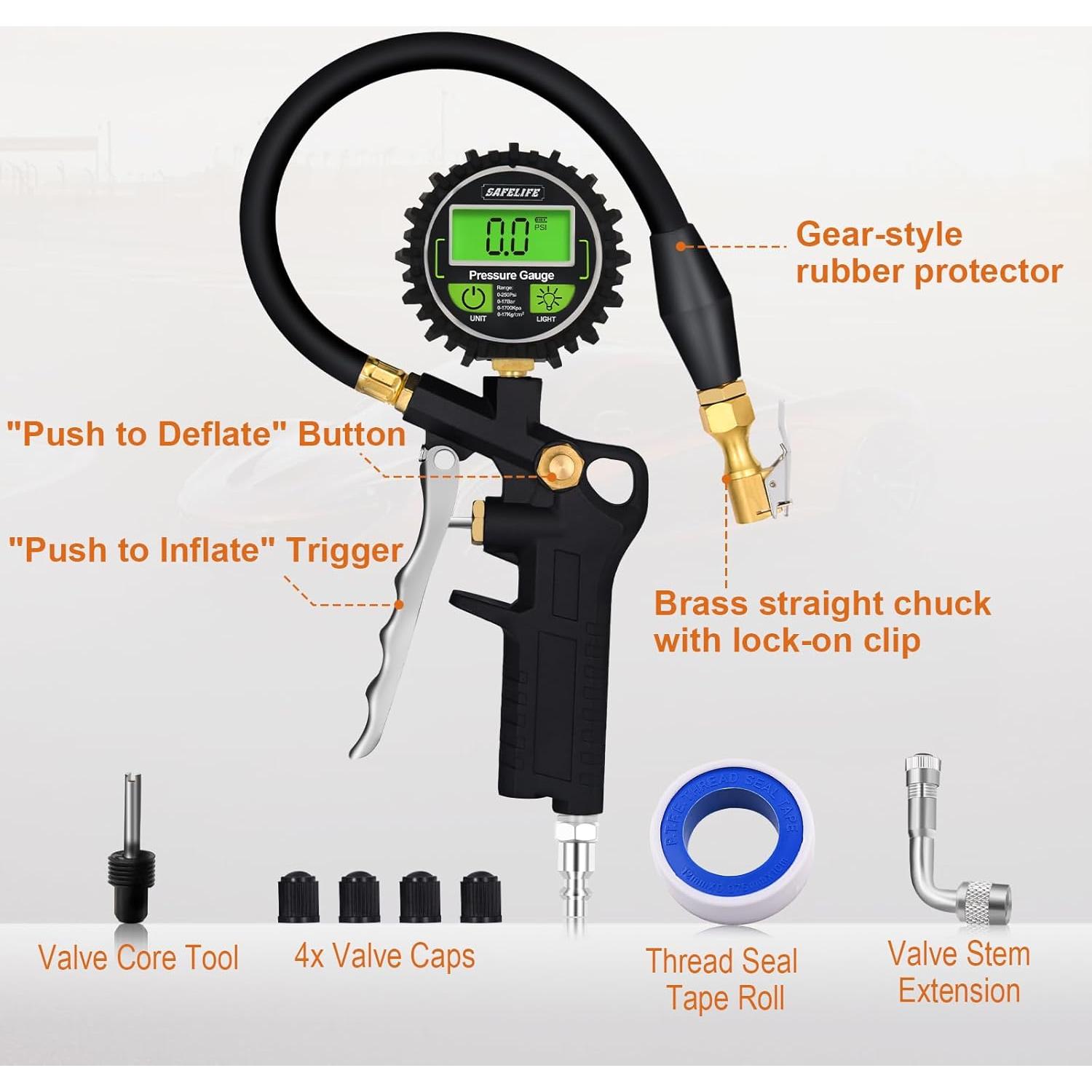 Medidor Digital de Presión de Neumáticos Safelife con Inflador 250 PSI