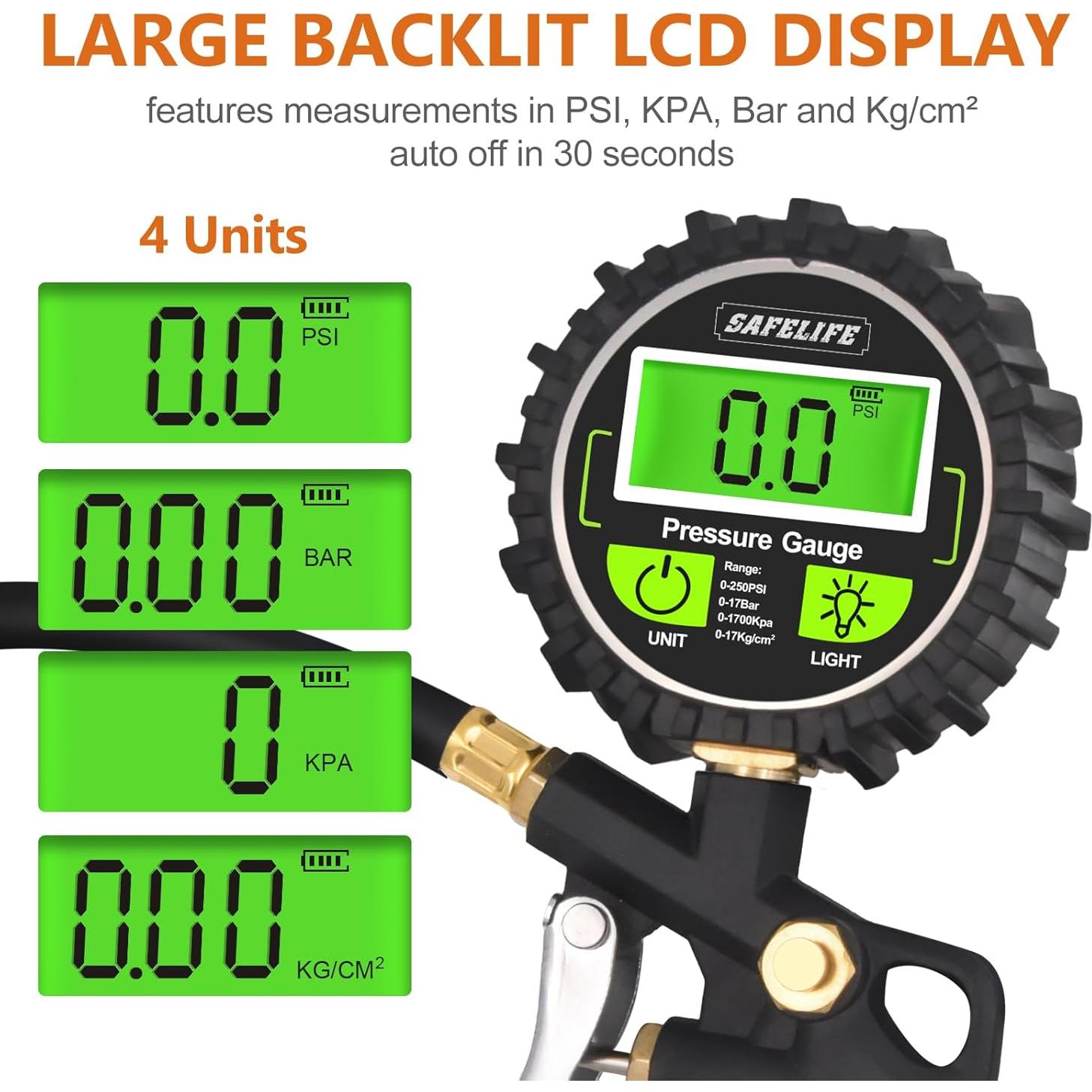 Medidor Digital de Presión de Neumáticos Safelife con Inflador 250 PSI