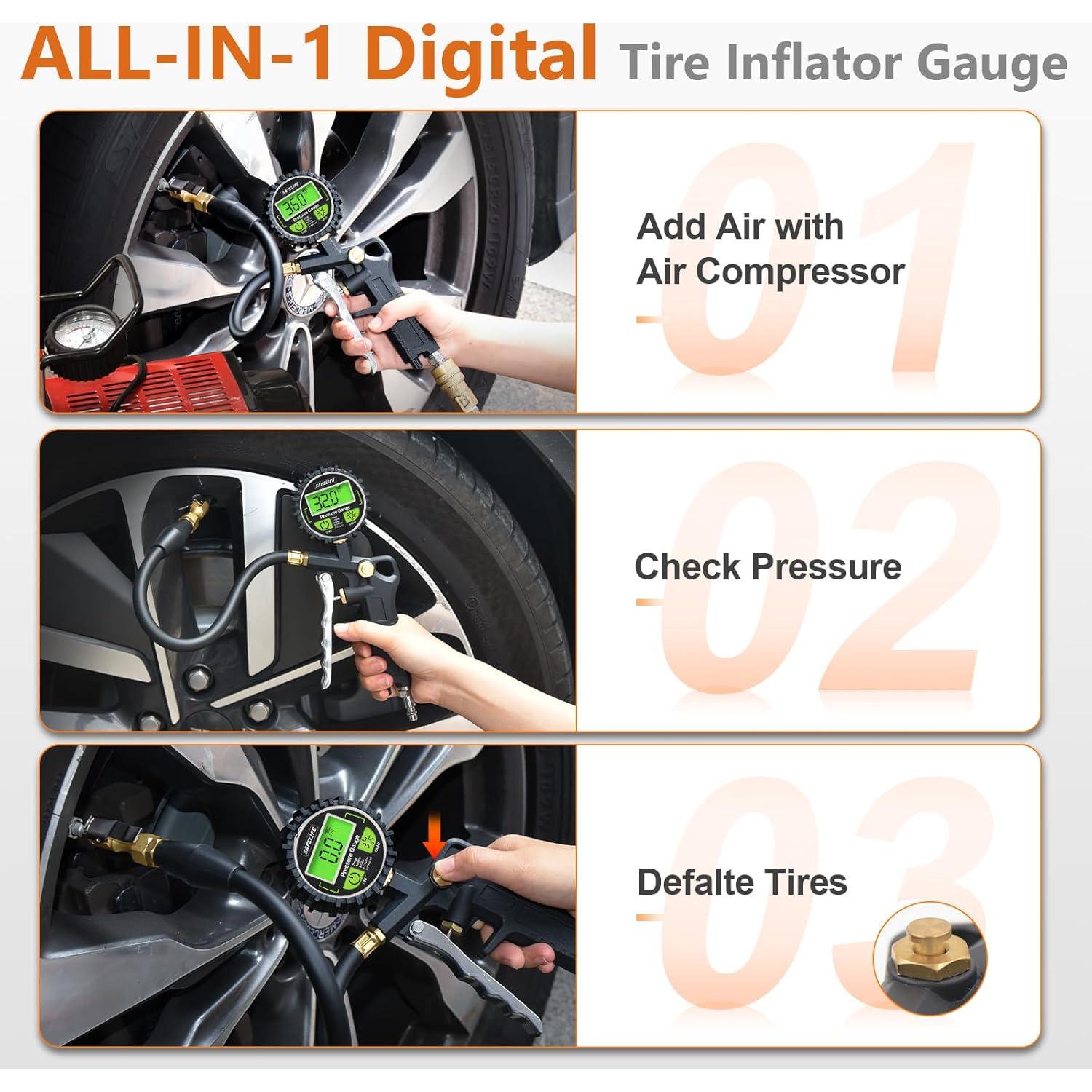 Medidor Digital de Presión de Neumáticos Safelife con Inflador 250 PSI