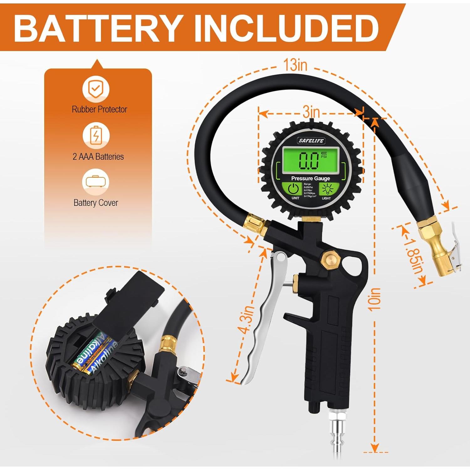 Medidor Digital de Presión de Neumáticos Safelife con Inflador 250 PSI