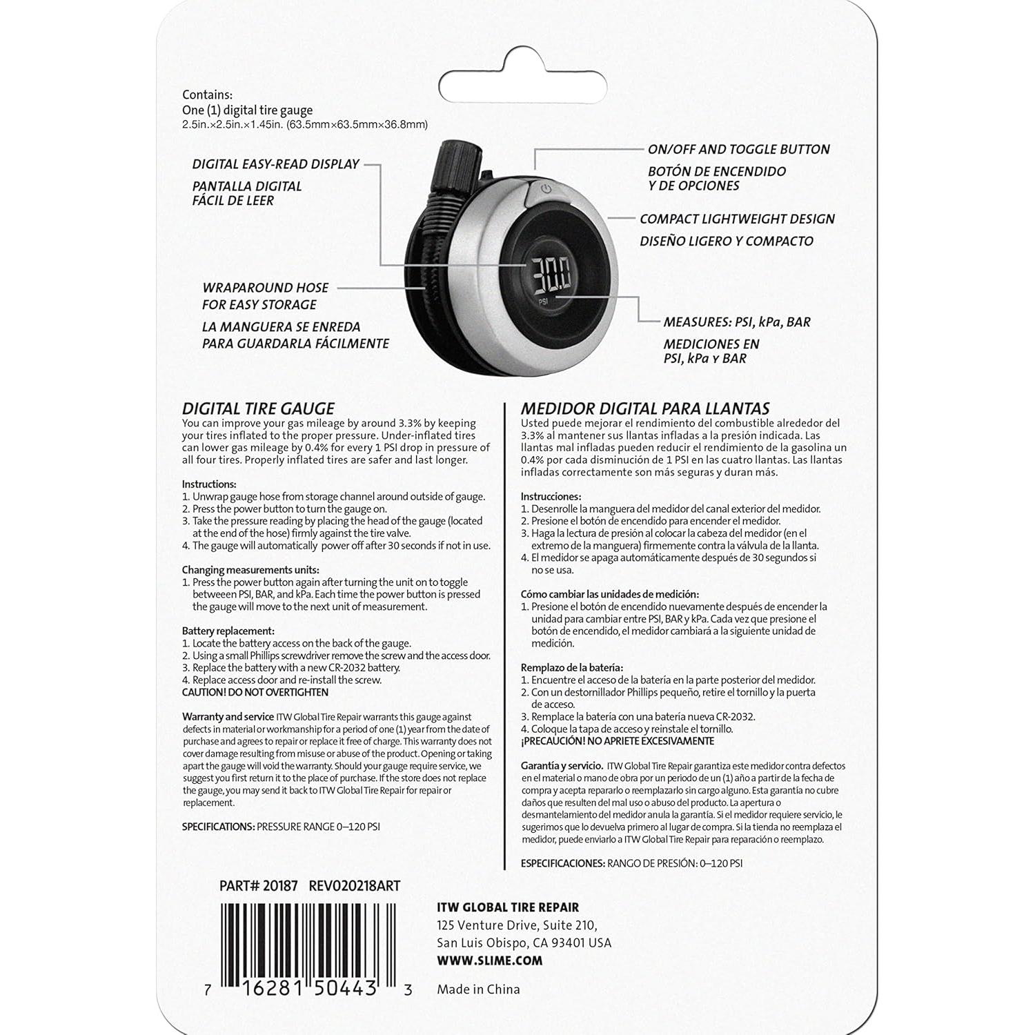 Medidor de Presión de Neumáticos Digital Slime 20187 0-120 psi
