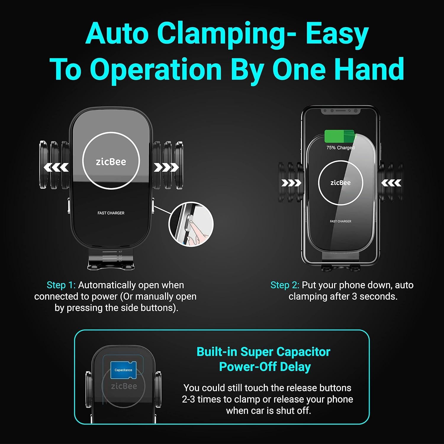 Cargador Inalámbrico para Auto ZicBee 15W con Soporte Automático