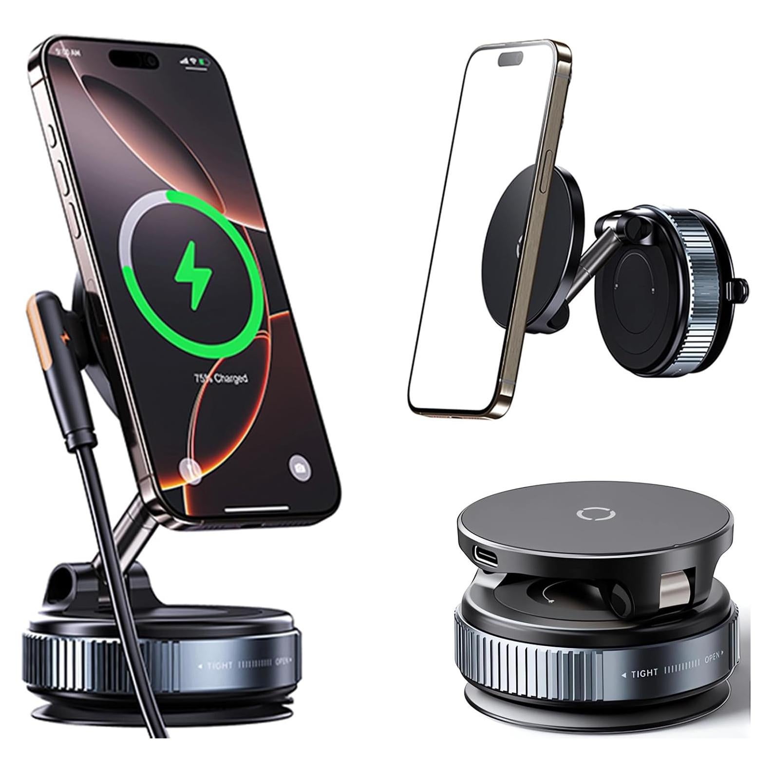 Wireless Charger Car Phone Holder for Magsafe,360°Adjustable Vacuum Magnetic Phone Holder Suitable for Non-Smooth Surfaces,Compatible with iPhone 16/15/14/13/12 Series