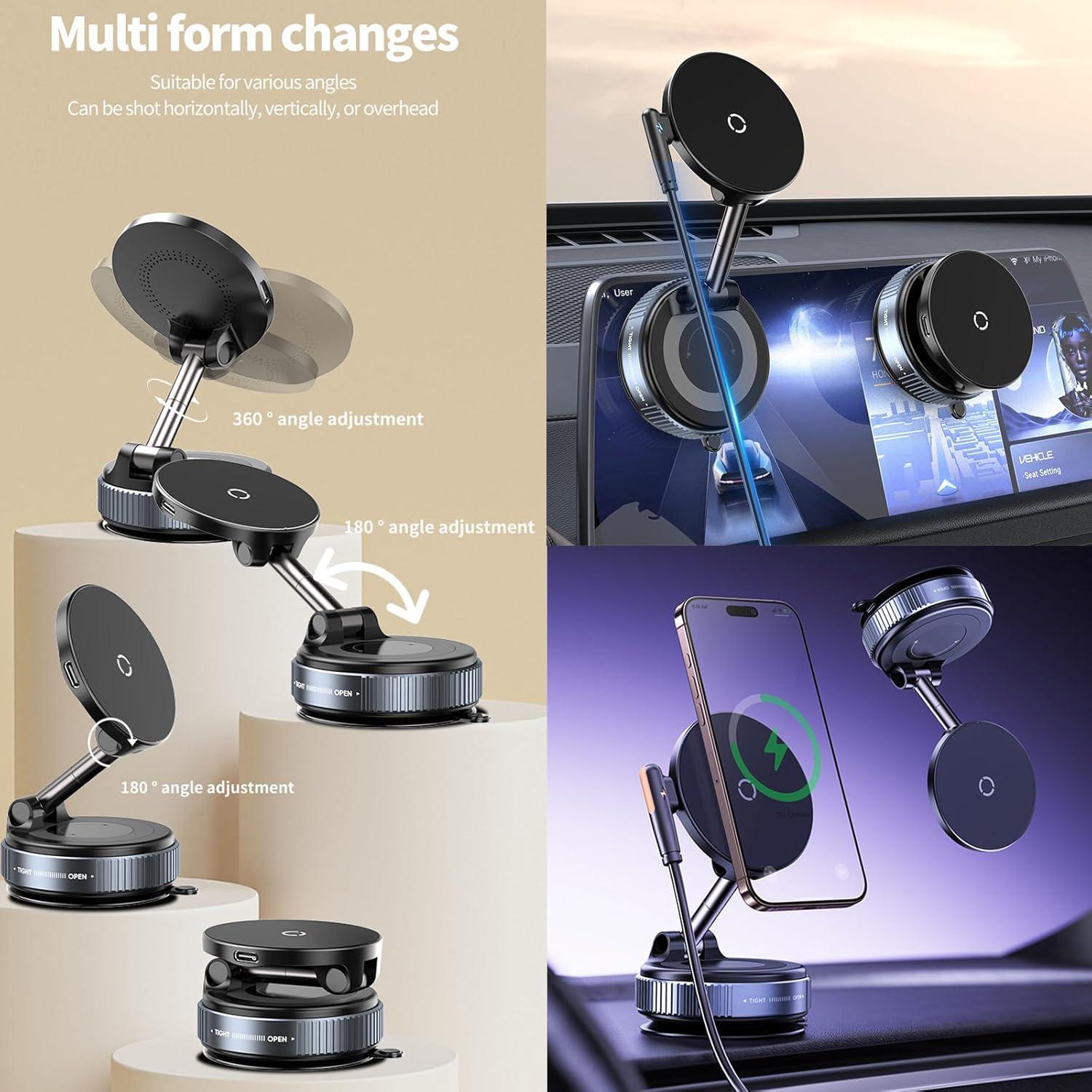 Wireless Charger Car Phone Holder for Magsafe,360°Adjustable Vacuum Magnetic Phone Holder Suitable for Non-Smooth Surfaces,Compatible with iPhone 16/15/14/13/12 Series