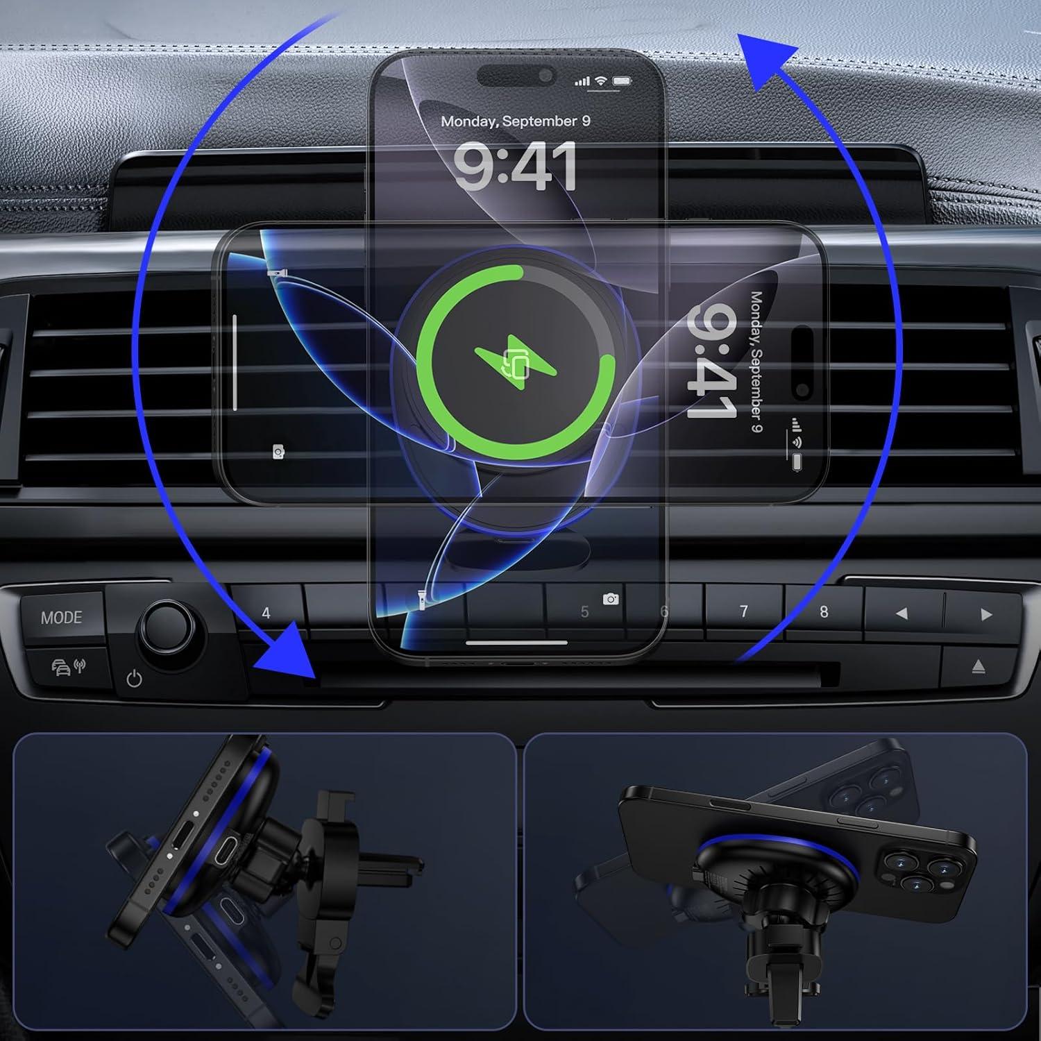 Cargador Inalámbrico de Auto Mag Safe UorMe 15W para iPhone y Samsung